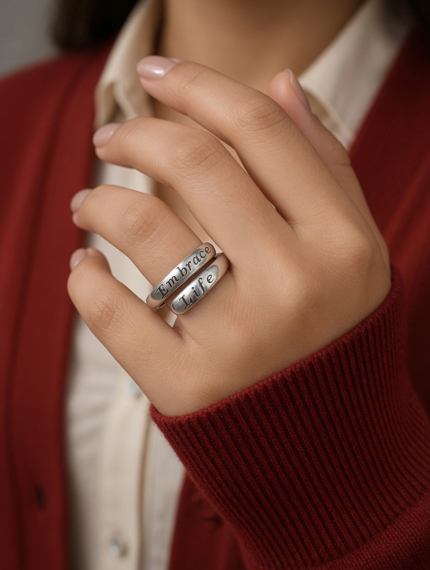 Sterling Silver "Embrace Life" Simplistic Stylish Ring Size 7.5