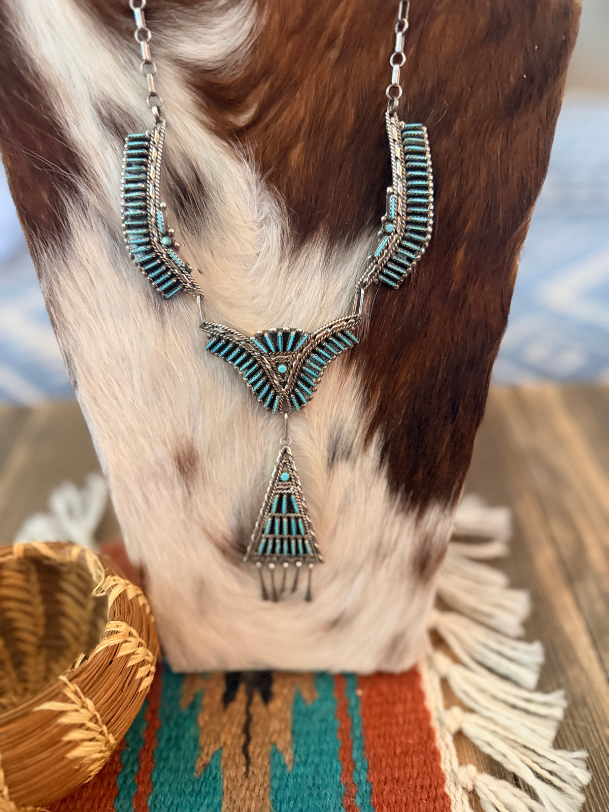 Old Pawn Handcrafted Turquoise & Sterling Silver Needlepoint Necklace