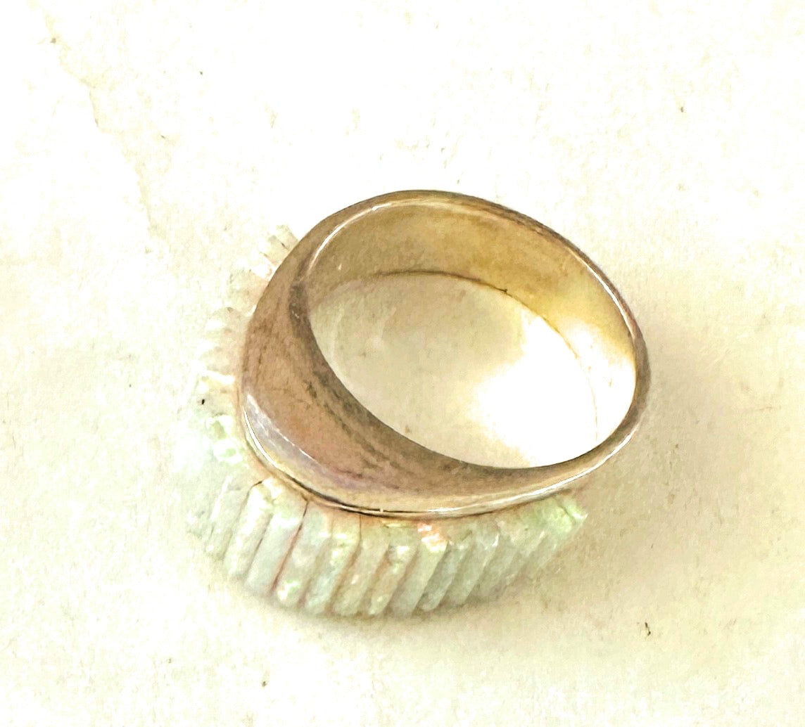 Handcrafted Sterling Silver & White Opal Inlay Dome Ring Size 5.75
