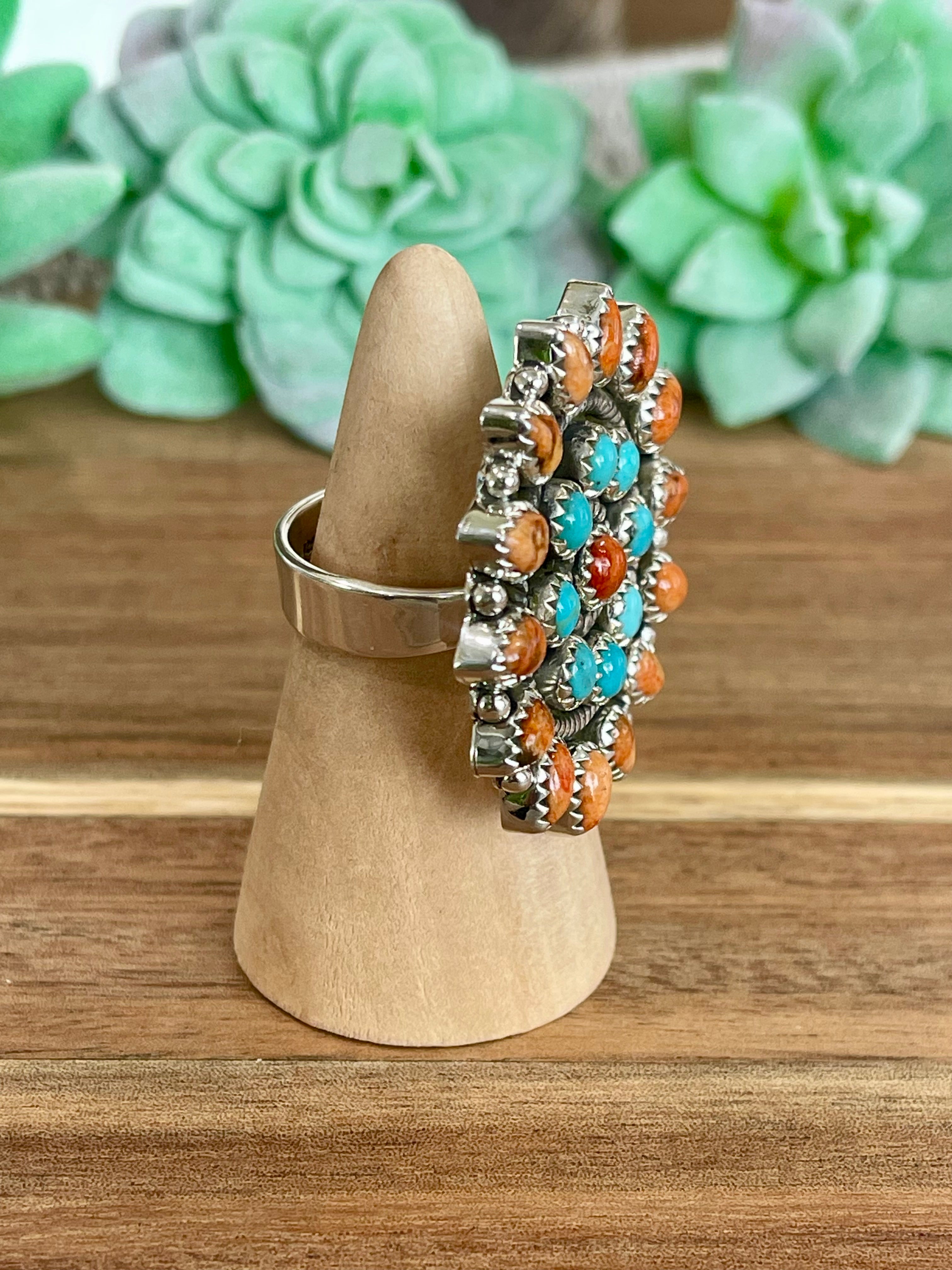 Handmade Turquoise , Orange Mojave And Sterling Silver Adjustable Cluster Ring