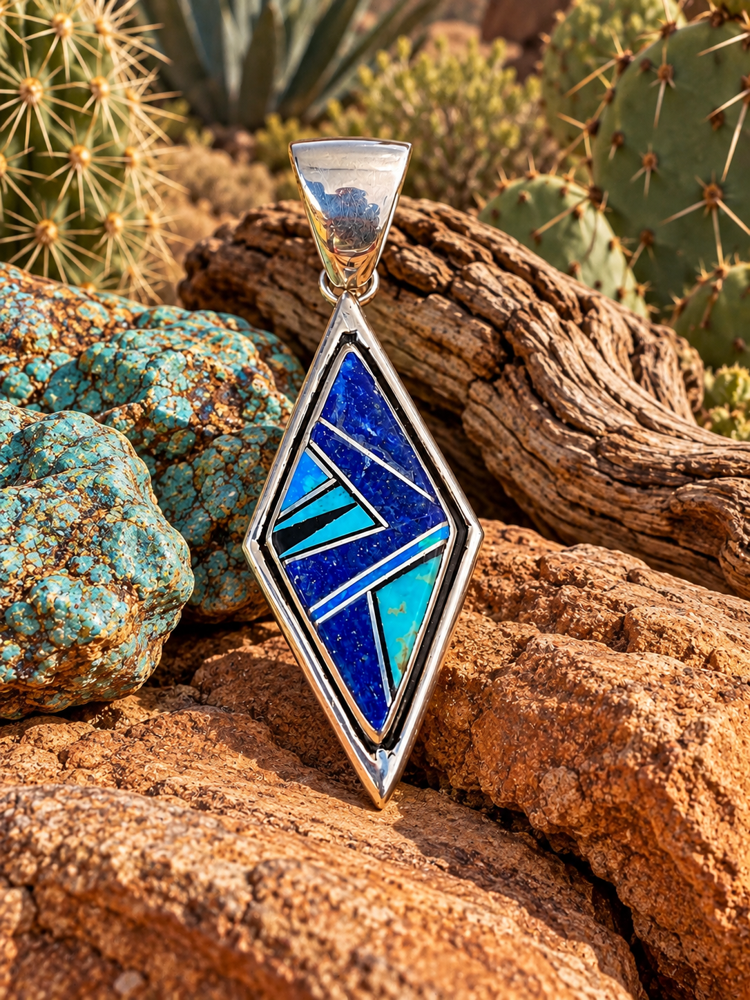 Handcrafted Lapis, Turquoise, Blue Opal Diamond Shape Pendant