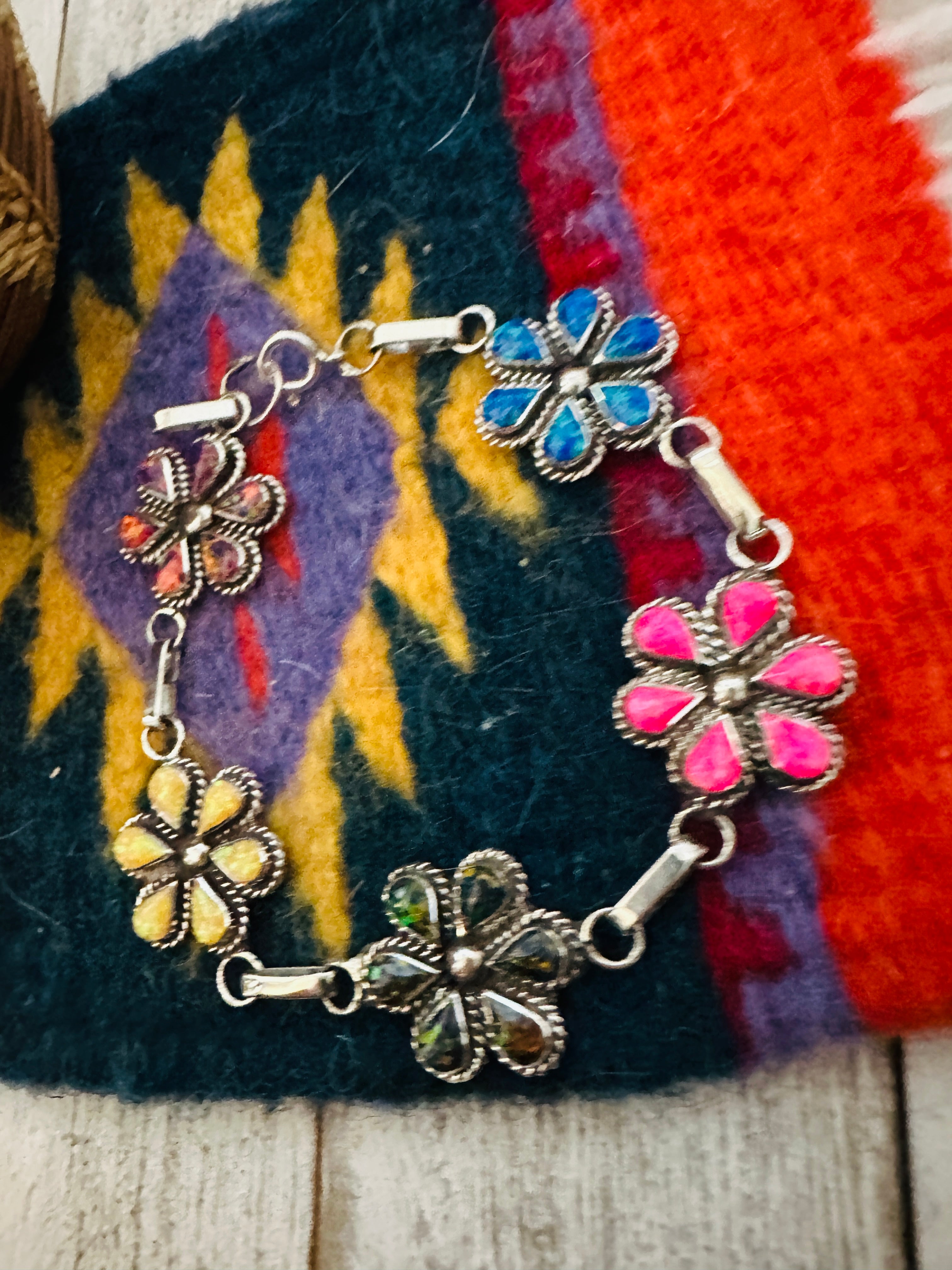Handcrafted Multicolor Opal & Sterling Silver Flower Link Bracelet
