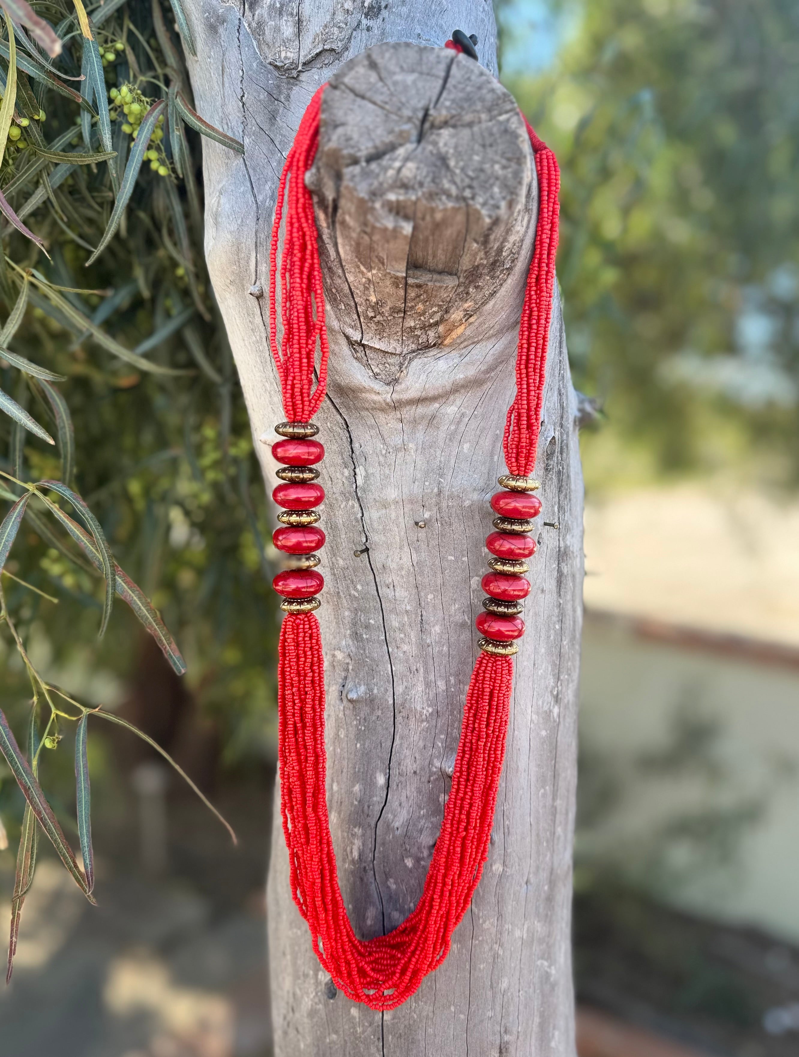 Red Beaded Strand Necklace