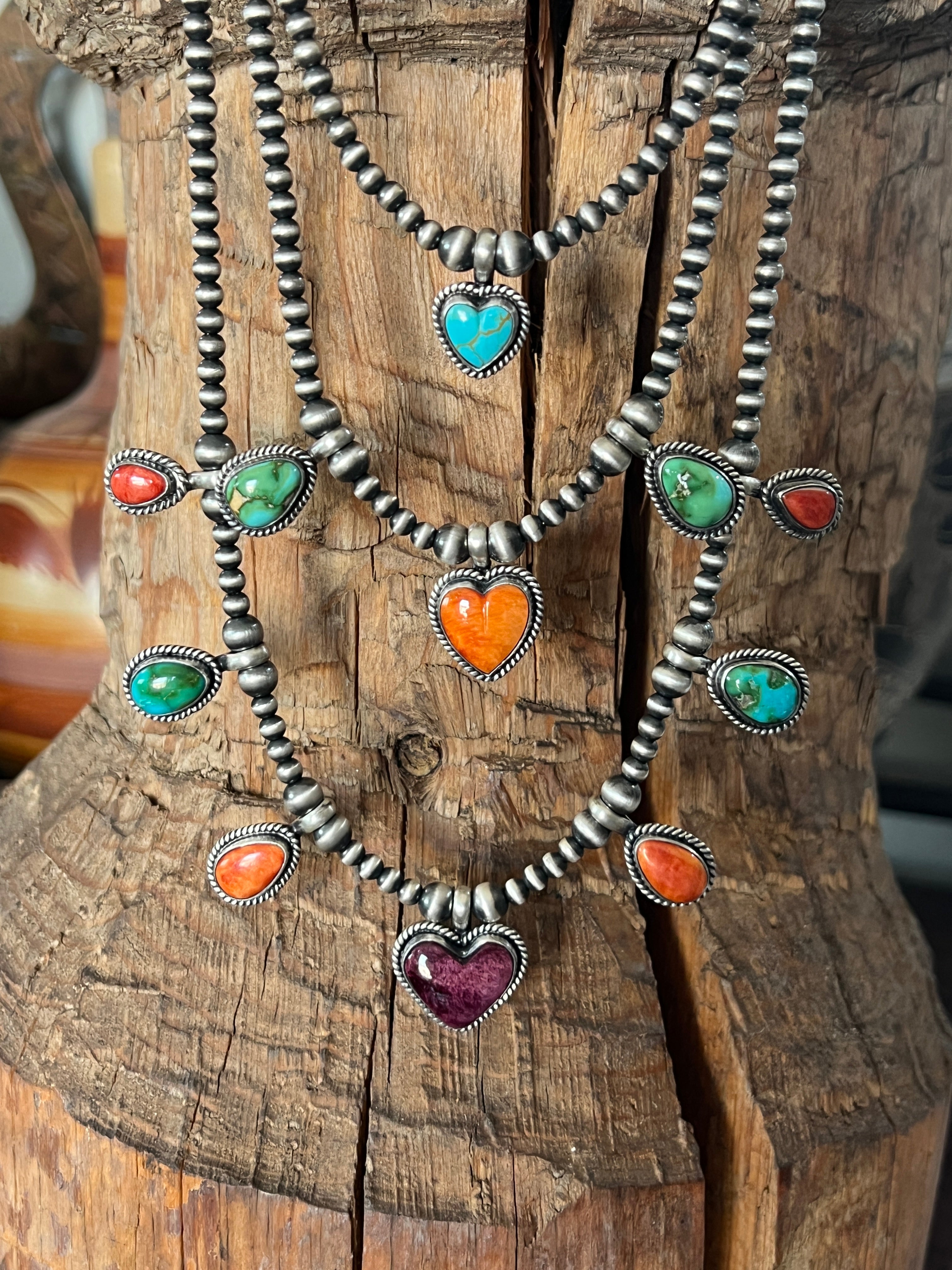 Sterling Silver Electric Rainbow Triple Layer Beaded Drop Heart Necklace & Earrings Set by Loretta Delgarito