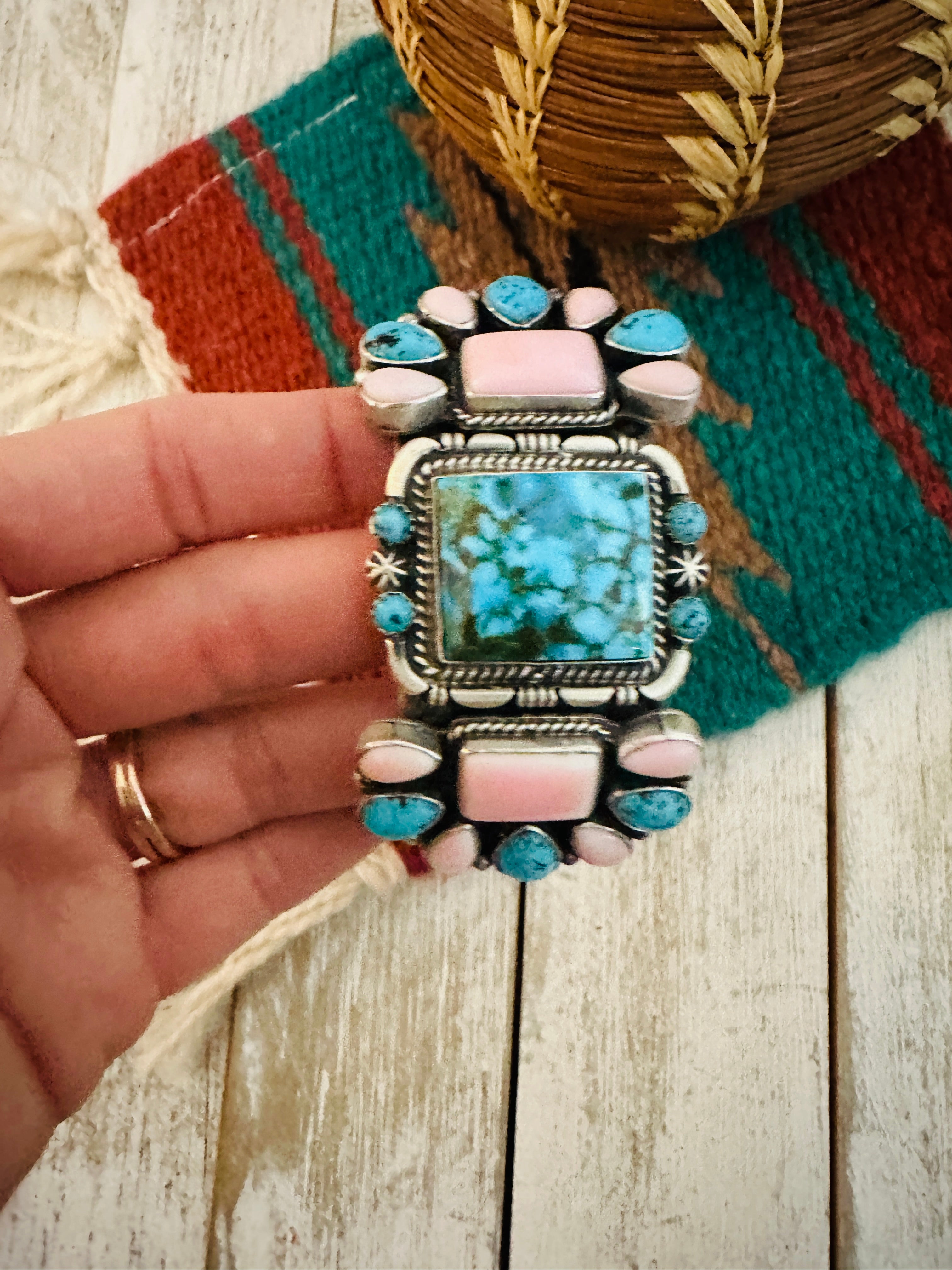 Handcrafted Sterling Silver, Turquoise & Queen Pink Conch Cuff Bracelet