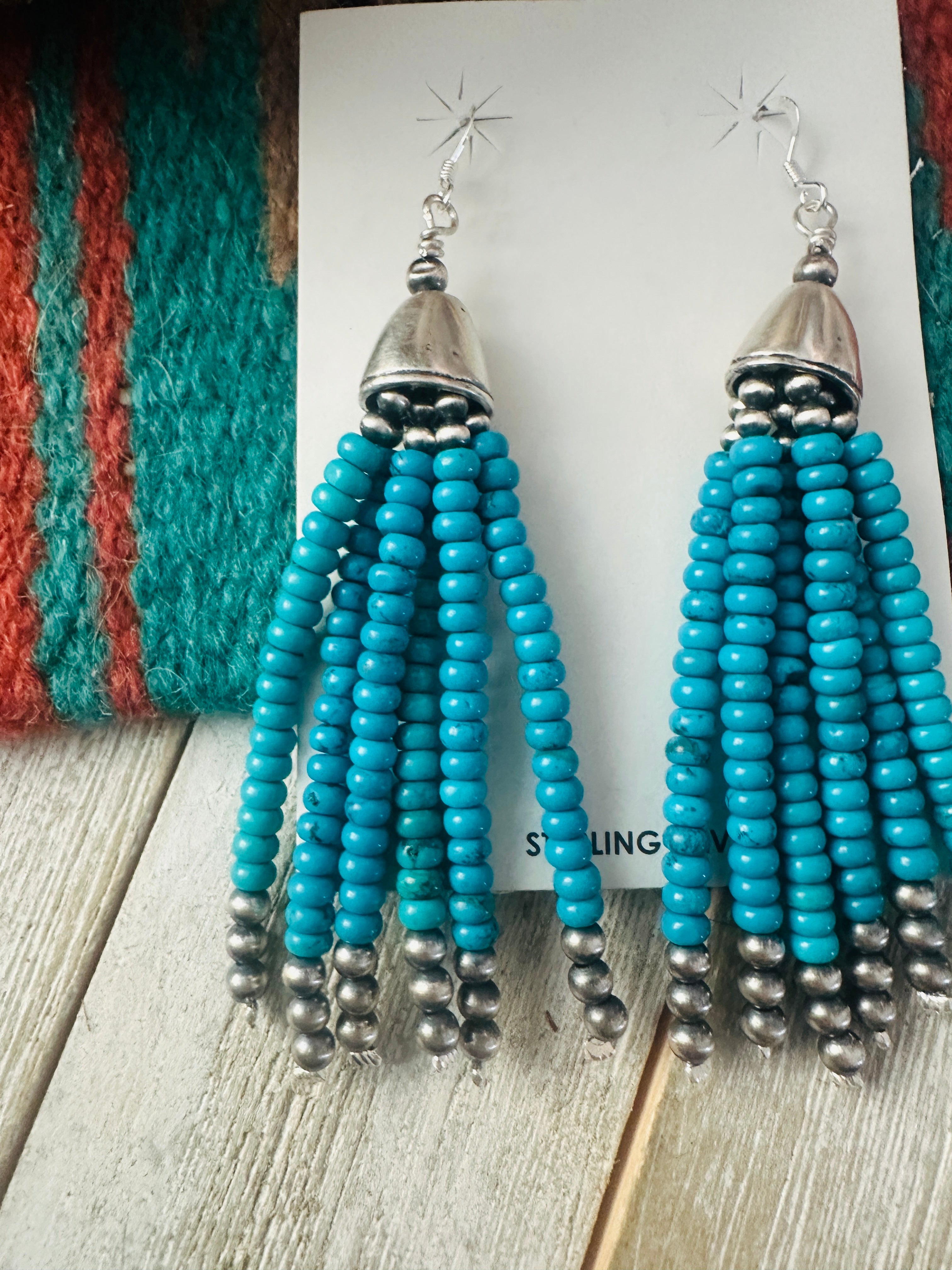 Handcrafted Turquoise & Sterling Silver Pearl Beaded Tassel Dangle Earrings