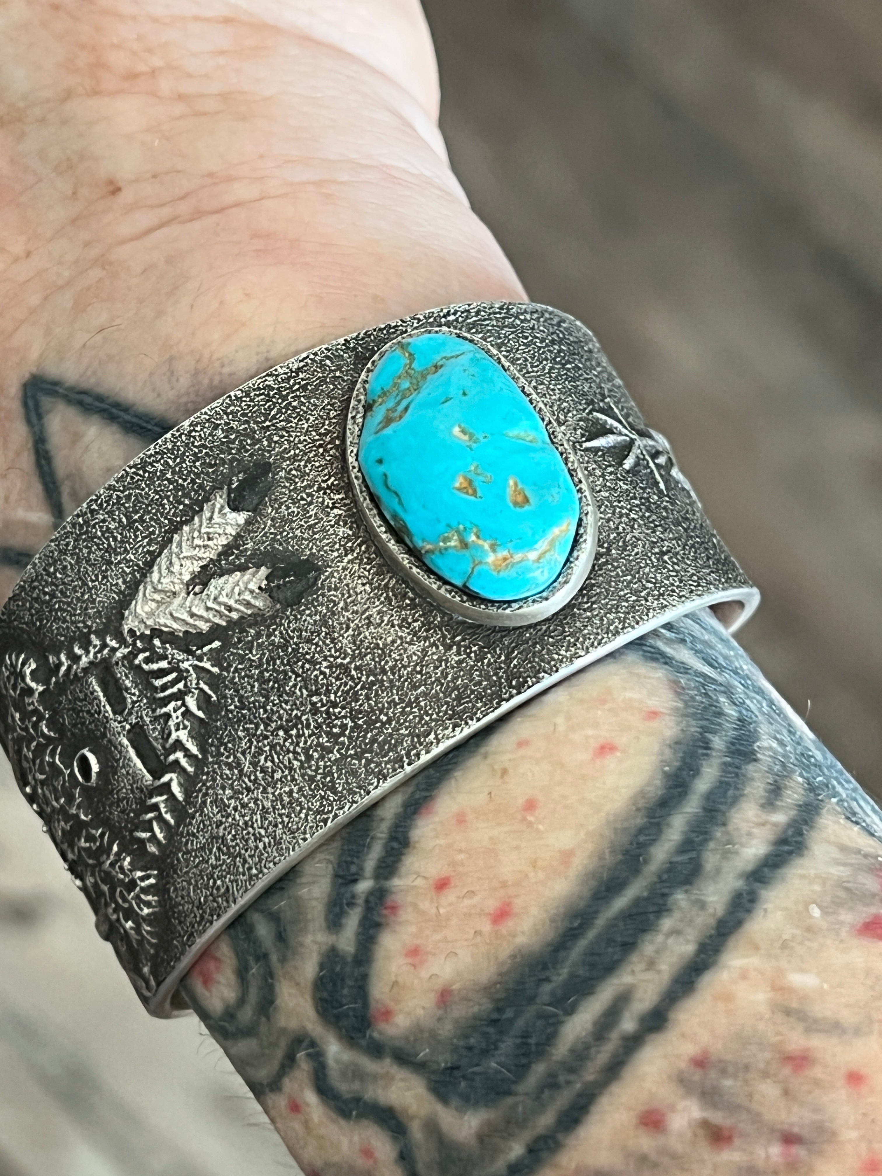 Navajo Tufa Cast Sterling Mudhead Cuff Bracelet with Kingman Turquoise by Lee Begay