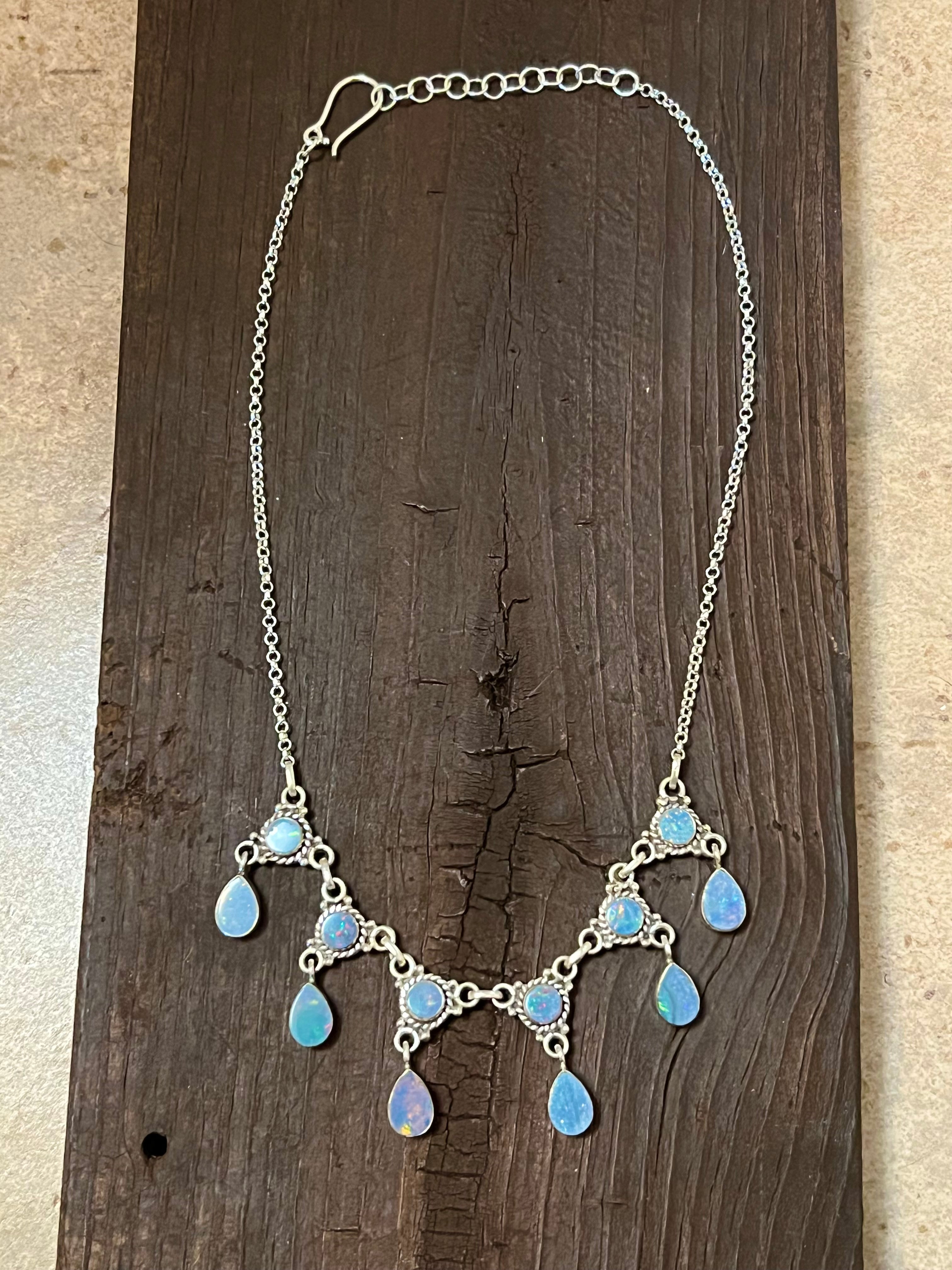 Handmade Light Blue Opal & Fire Blue Opal Sterling Silver Chandelier Necklace