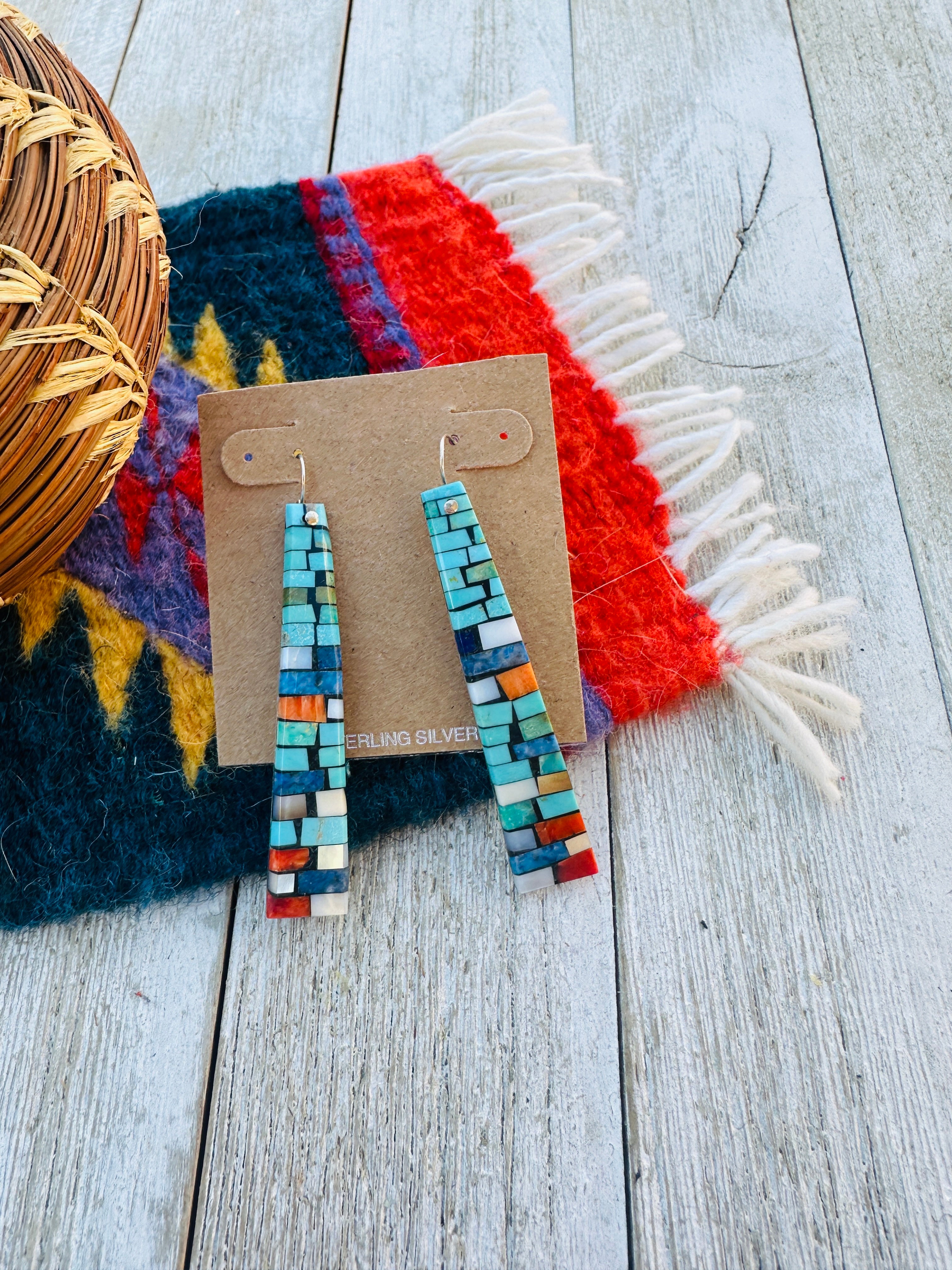 Handcrafted Multi Stone Inlay Shell Dangle Earrings