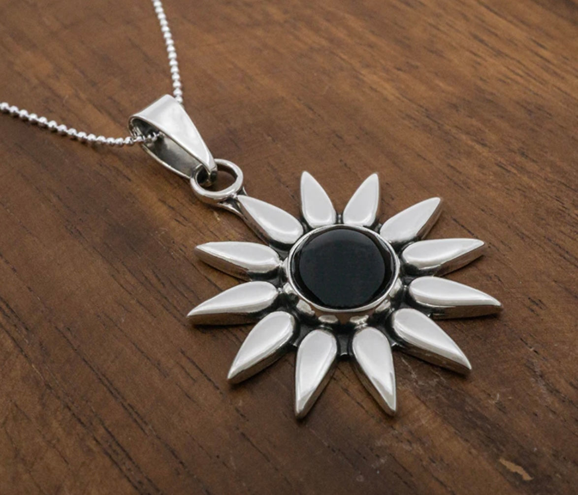 Mini Black Sunburst Pendant Necklace