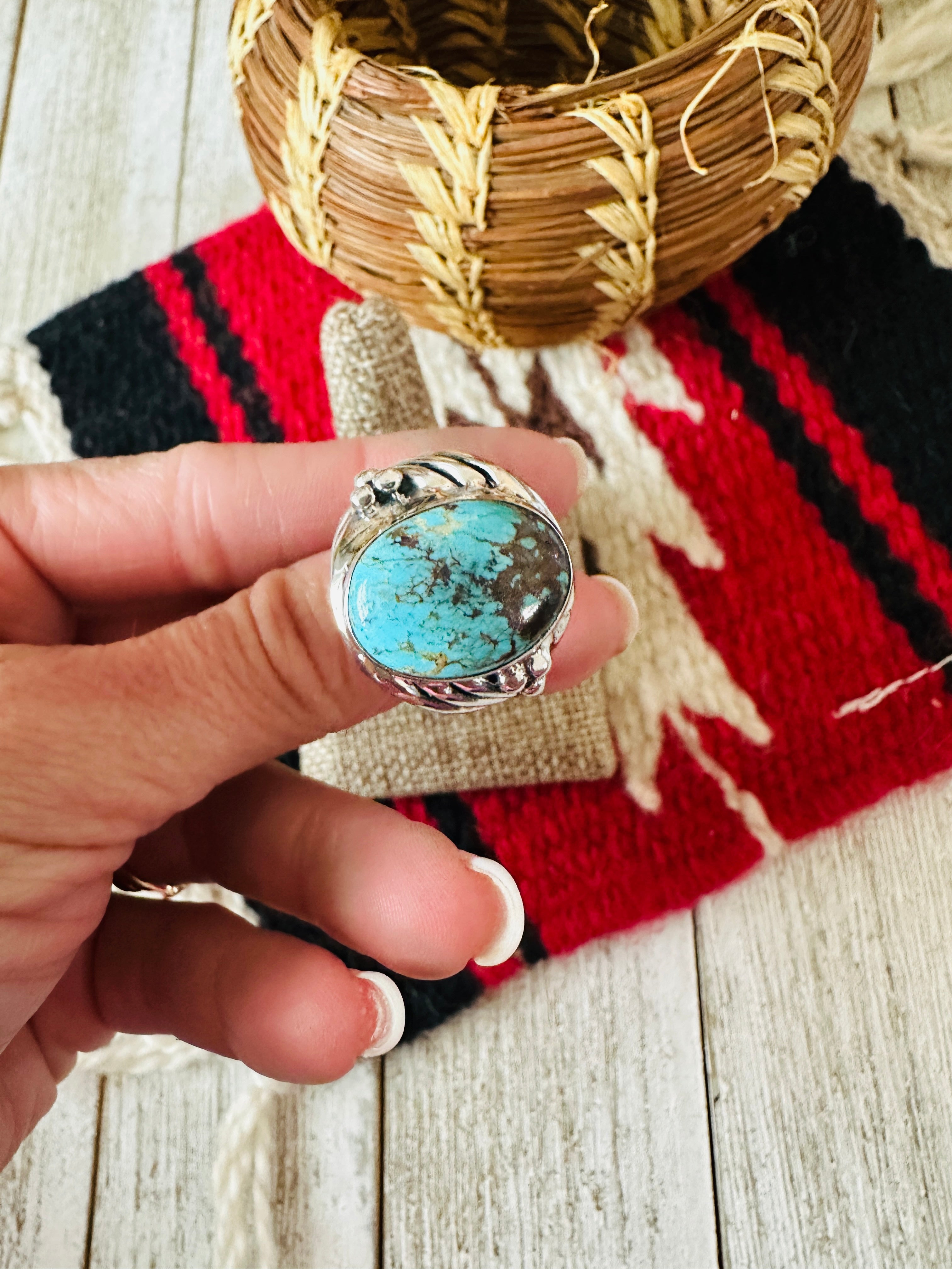 Handcrafted Turquoise & Sterling Silver Cigar Band Ring Size 9.5