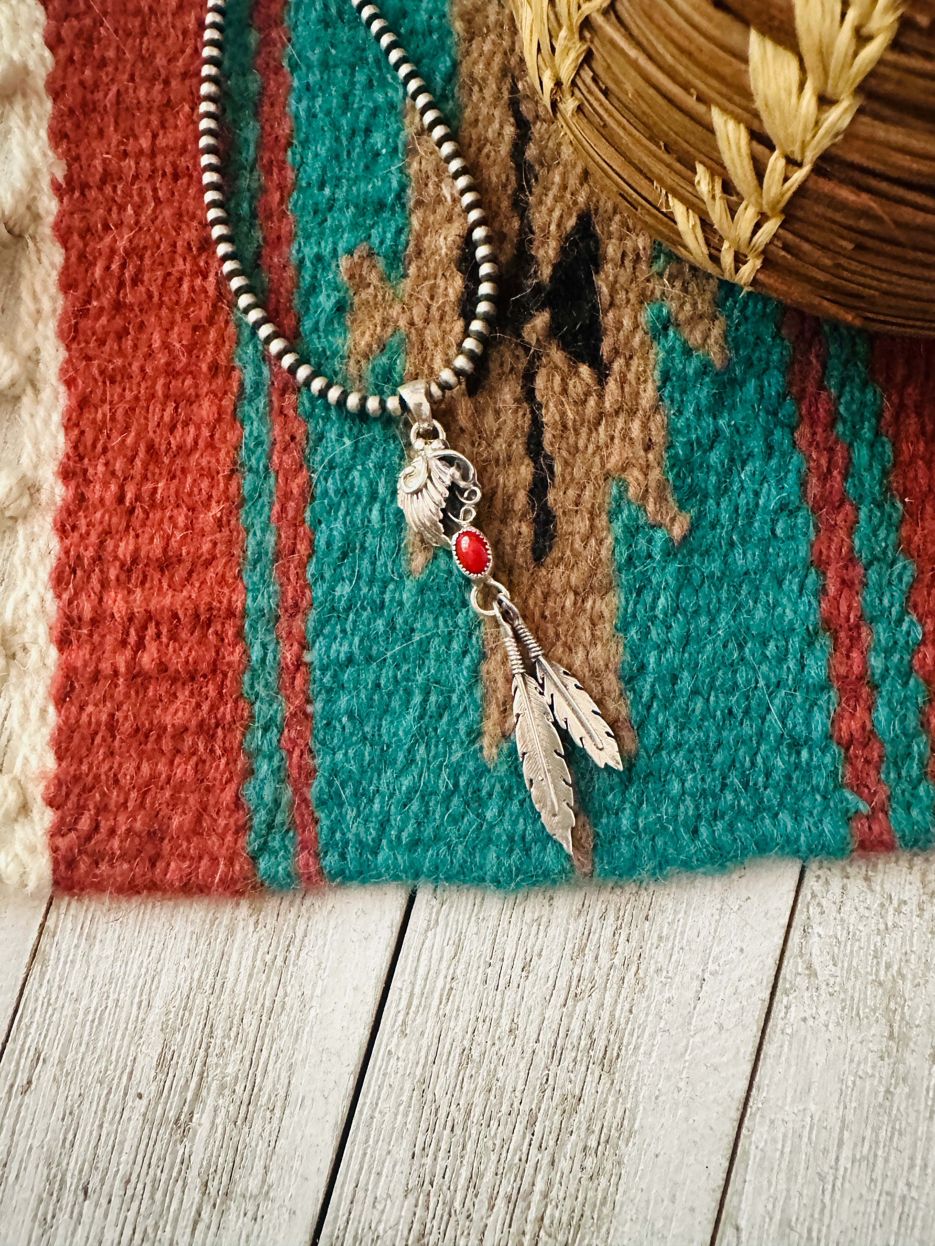 Handcrafted Coral & Sterling Silver Feather Pendant