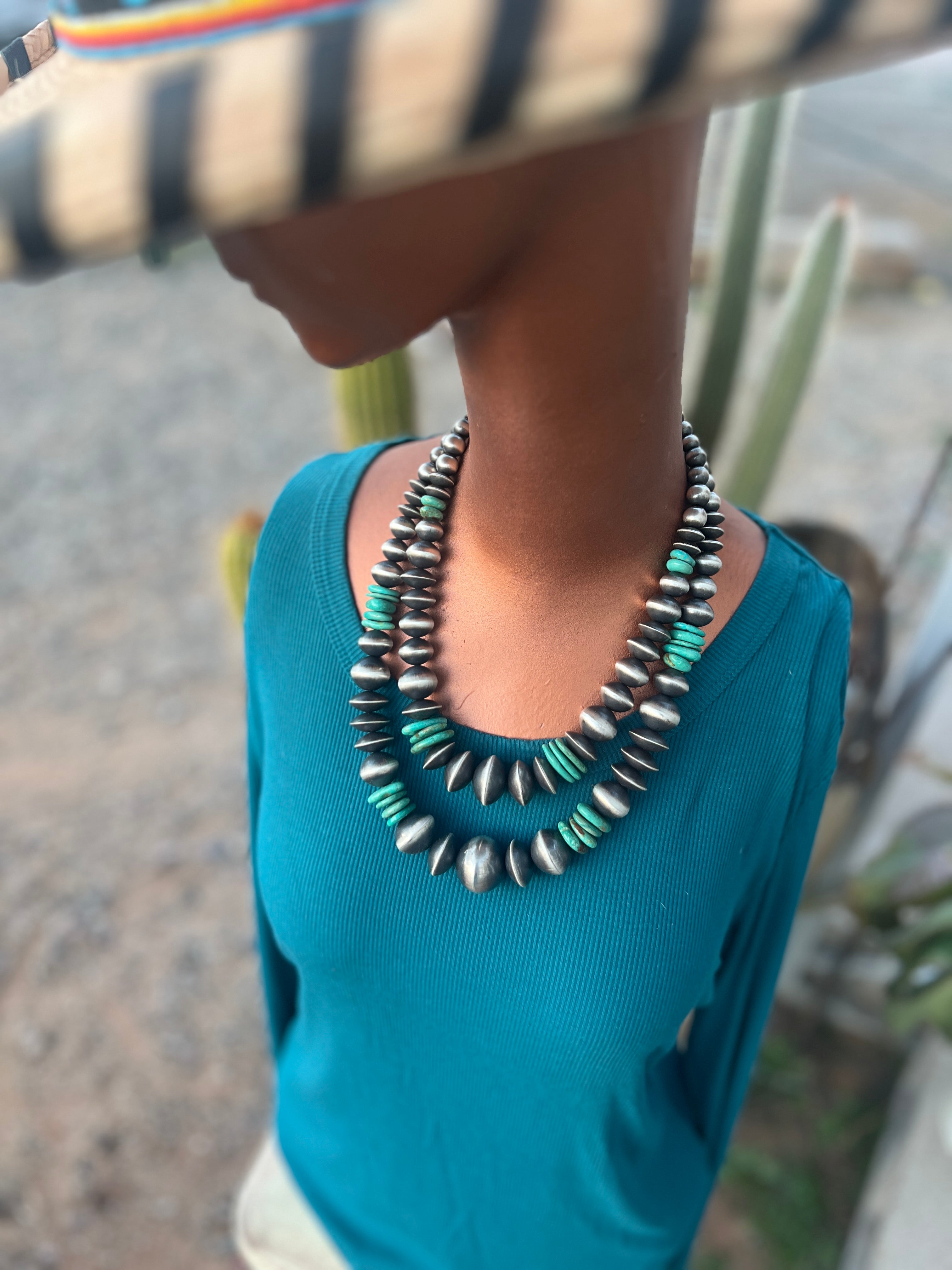 Handcrafted Chunky Sterling Silver and Kingman Turquoise Beaded Necklace by Rose Martin, 19 and 22 inches