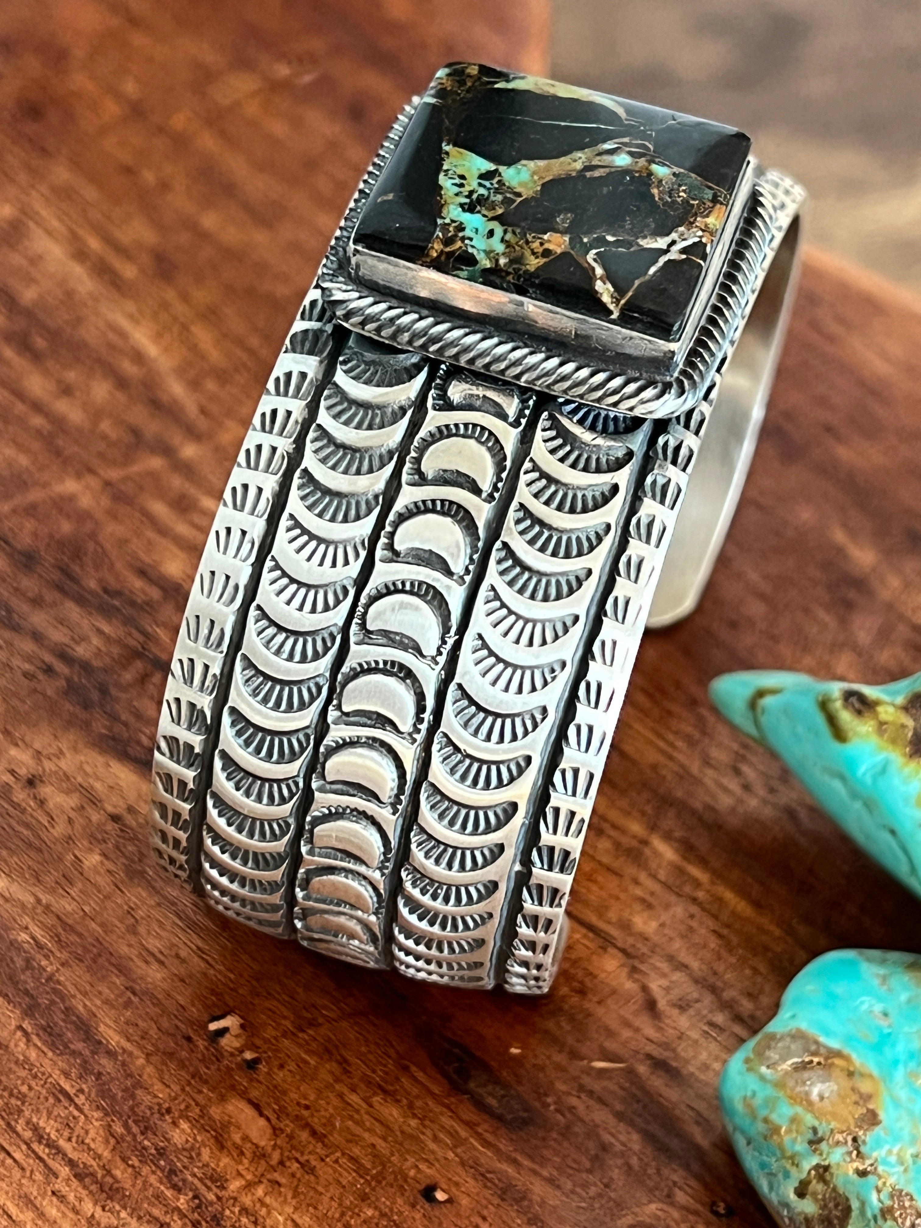 Handcrafted Sterling Silver and Blackjack Turquoise Hand Stamped Cuff Bracelet by Randy Boyd