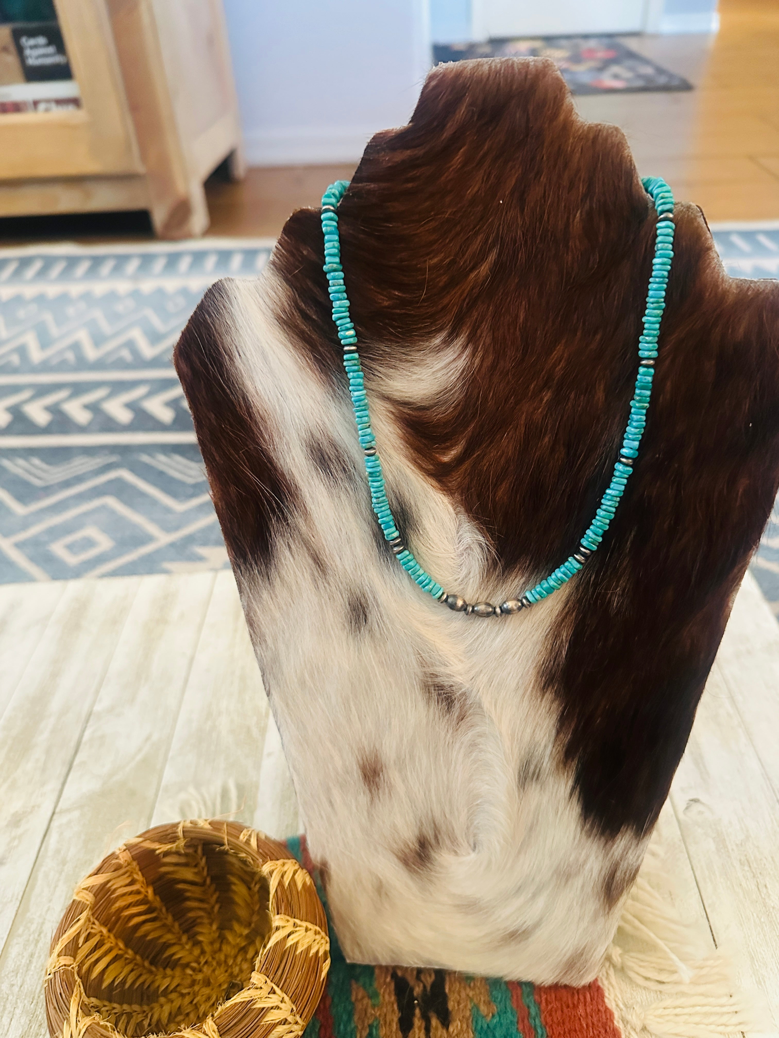 Handcrafted Turquoise & Sterling Silver Beaded Necklace 16”