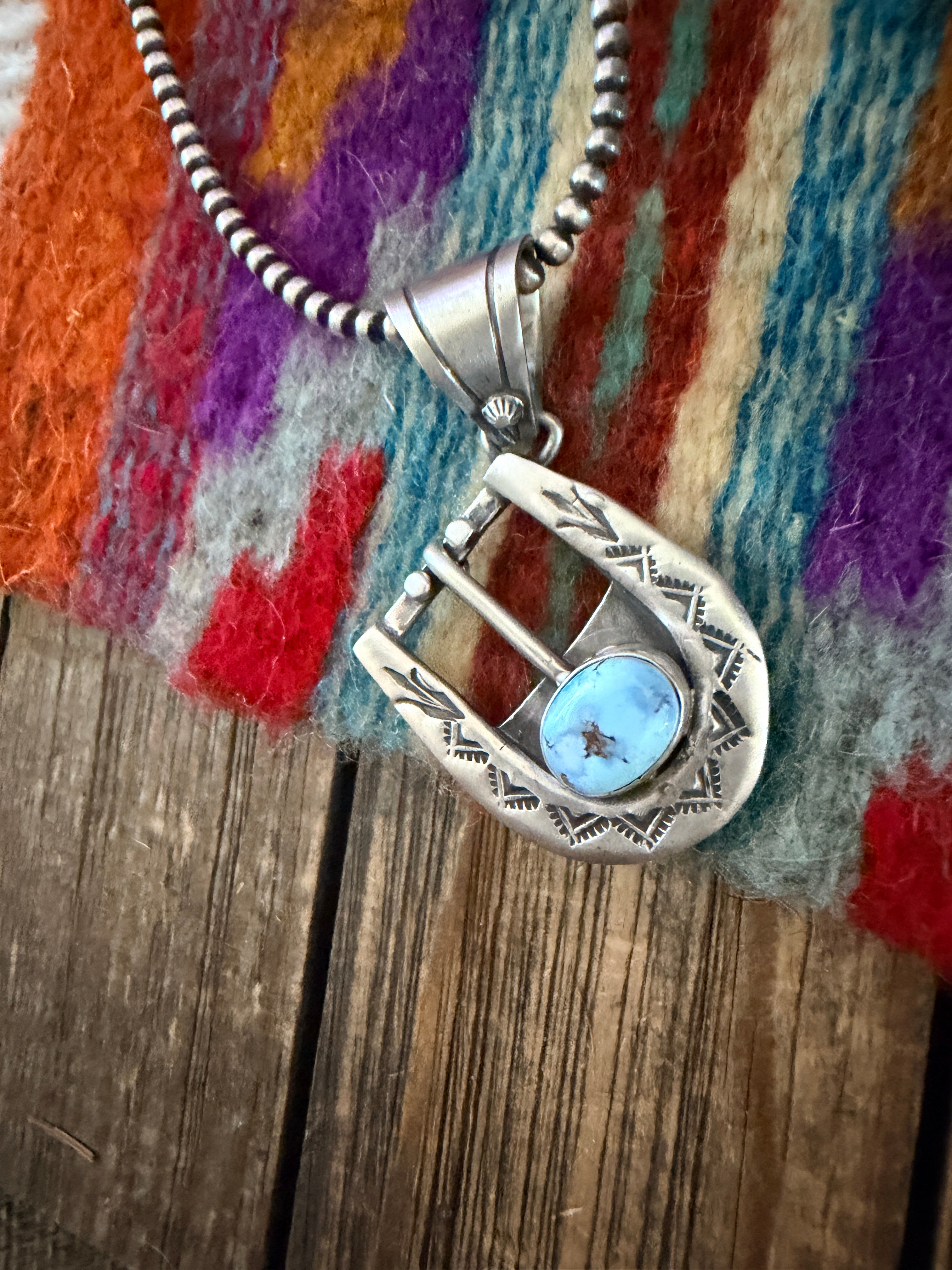 Handcrafted Sterling Silver & Turquoise Belt Buckle Pendant by Leroy James