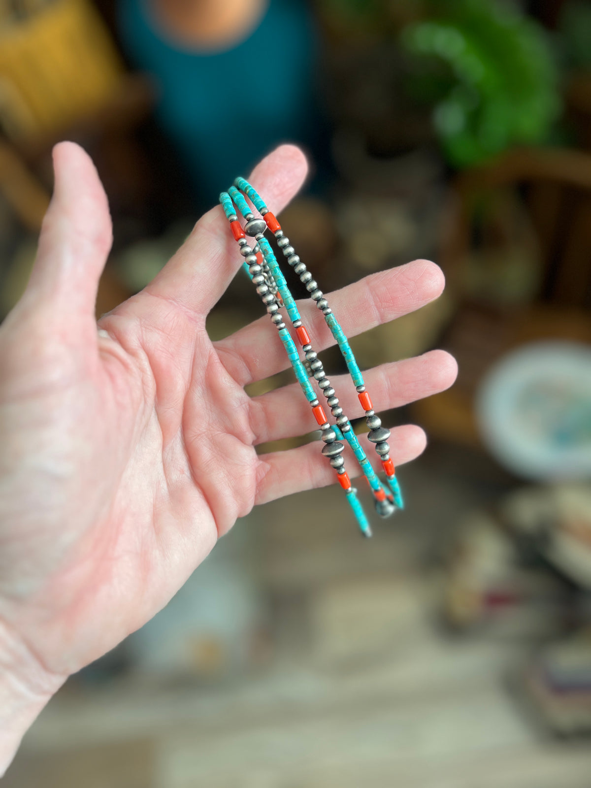 Bohemian Bliss Beaded Choker with Sterling Silver, Mediterranean Coral and Turquoise, 16” + 2”
