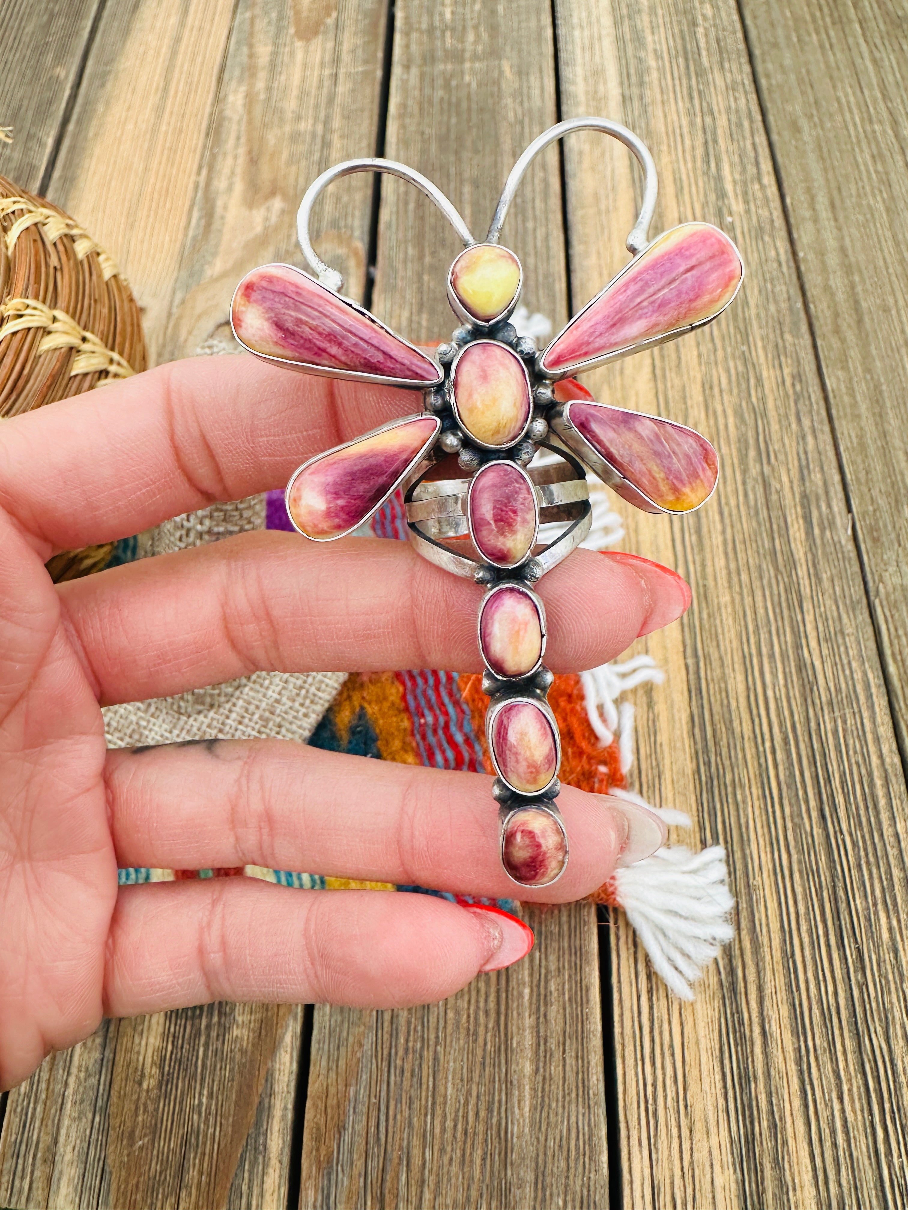 Handcrafted Spiny Oyster & Sterling Silver Dragonfly Ring Size 7.5