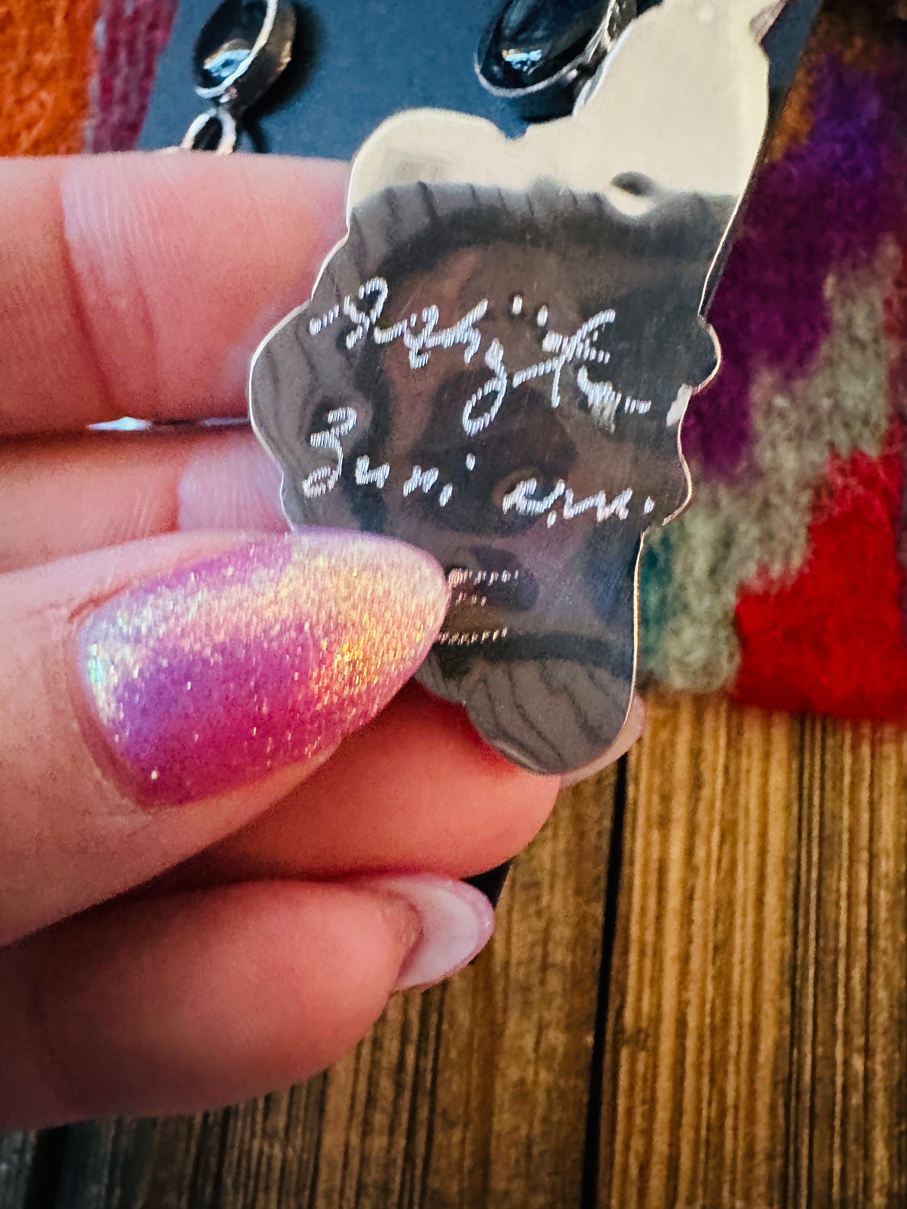 Handcrafted Sterling Silver, Mother of Pearl, Turquoise & Jet Inlay Flower Dangle Earrings