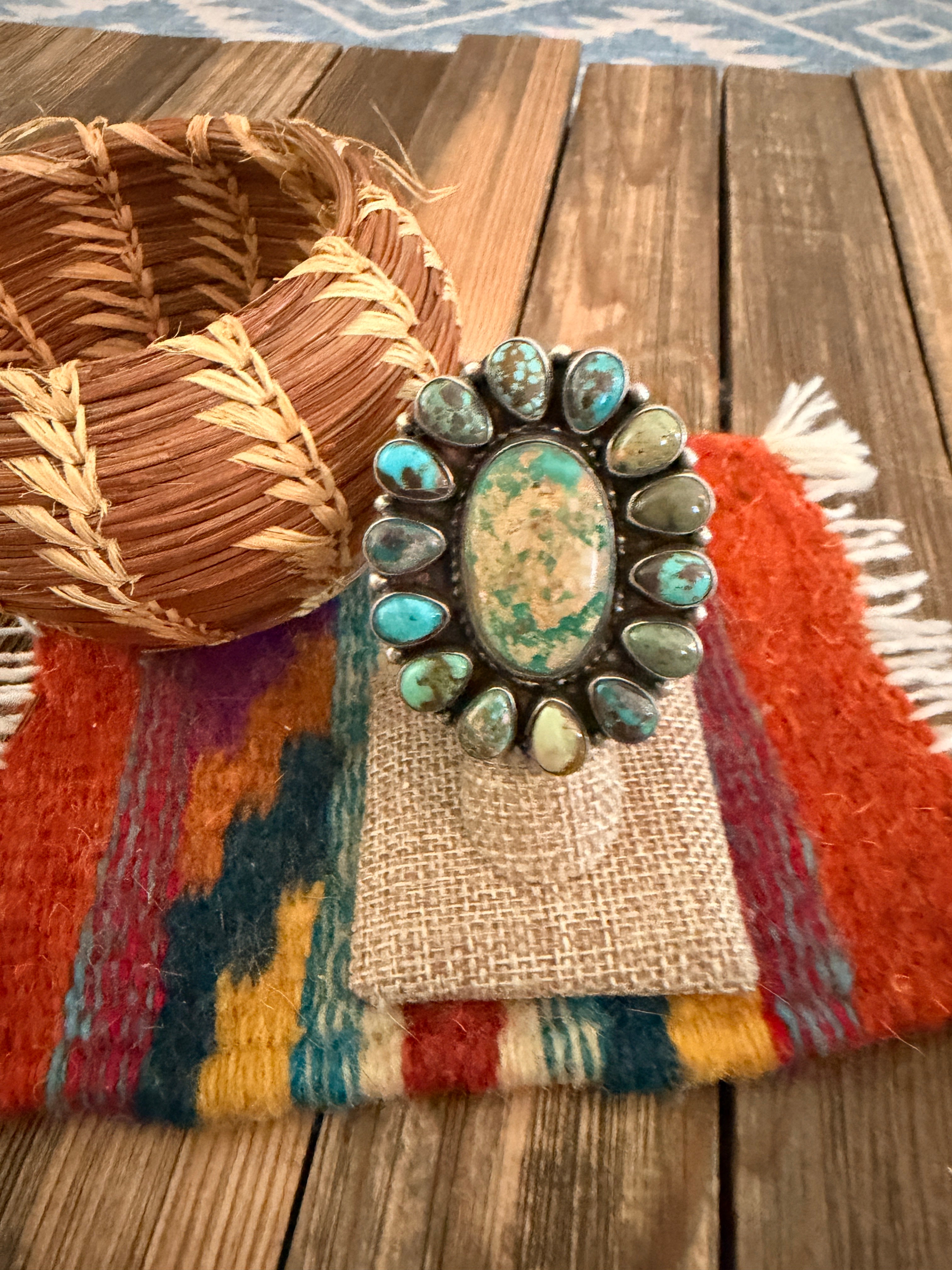 Handcrafted Royston Turquoise & Sterling Silver Cluster Ring Size 6 Sheila Becenti