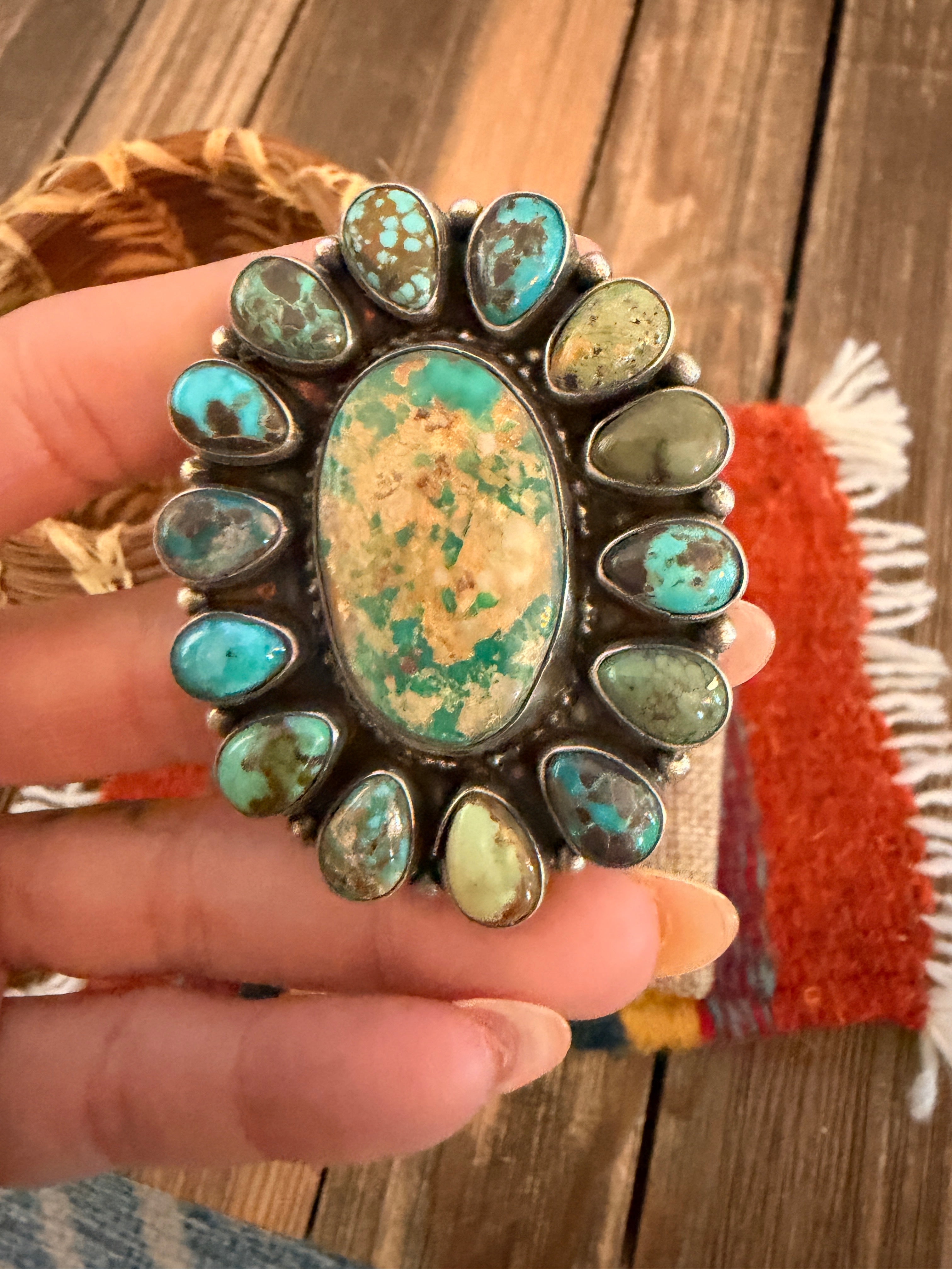 Handcrafted Royston Turquoise & Sterling Silver Cluster Ring Size 6 Sheila Becenti