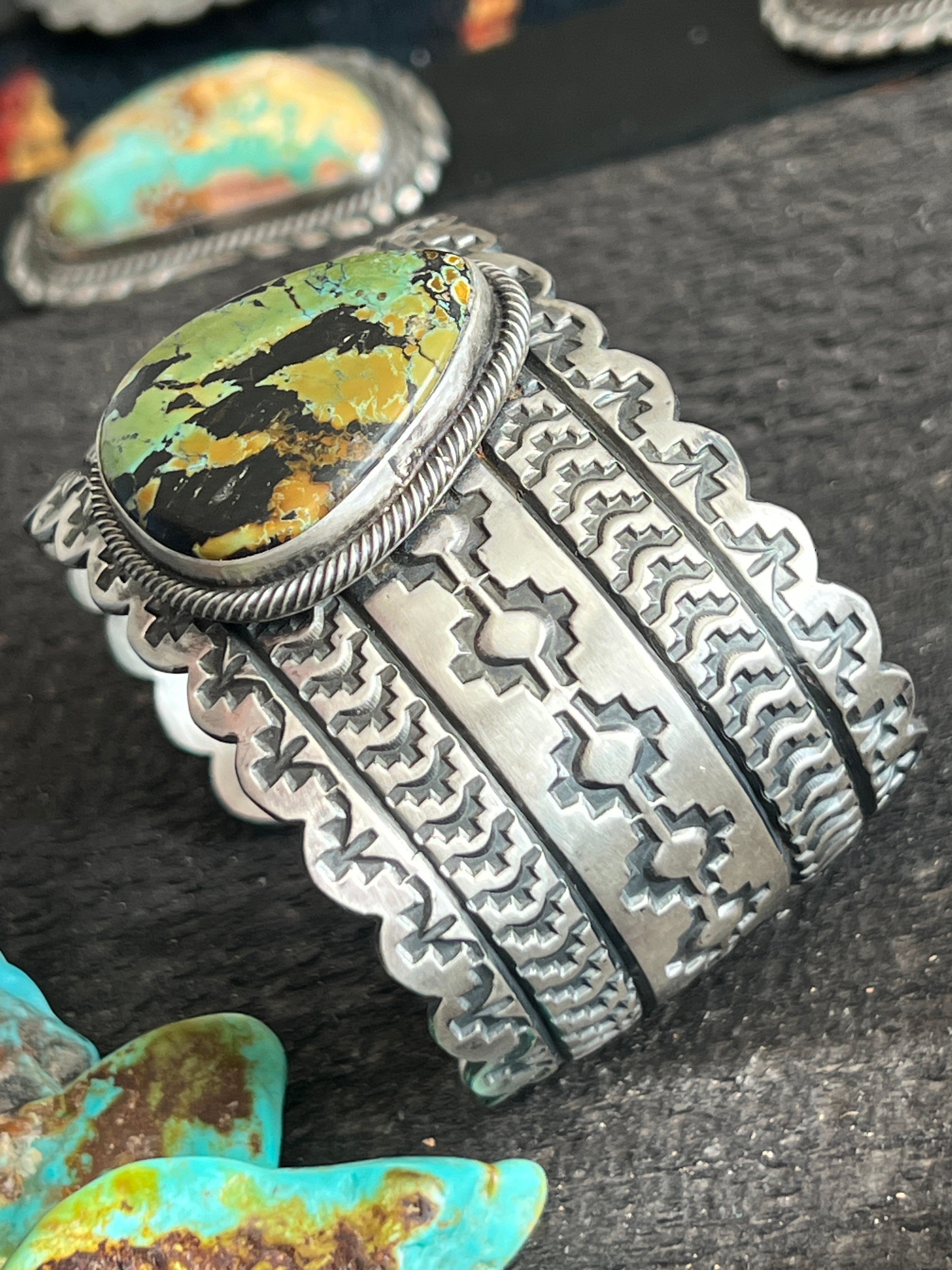 Navajo Hand Stamped Sterling Silver and Blackjack Turquoise Cuff Bracelet by Randy Boyd