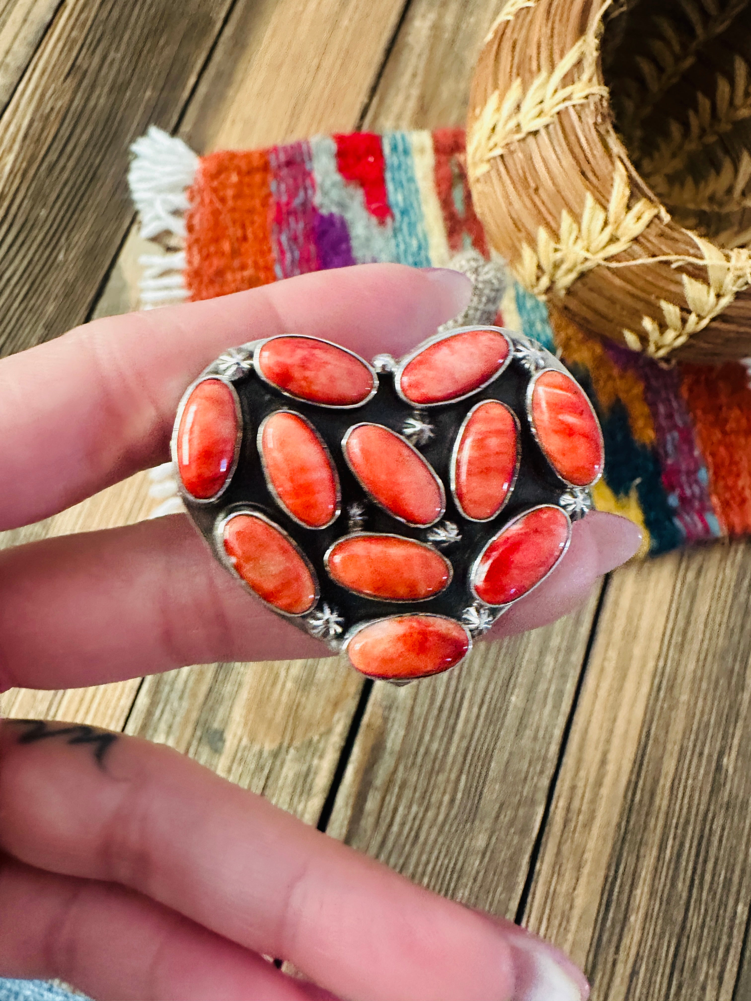 Handcrafted Spiny Oyster & Sterling Silver Adjustable Heart Ring by Jacqueline Silver