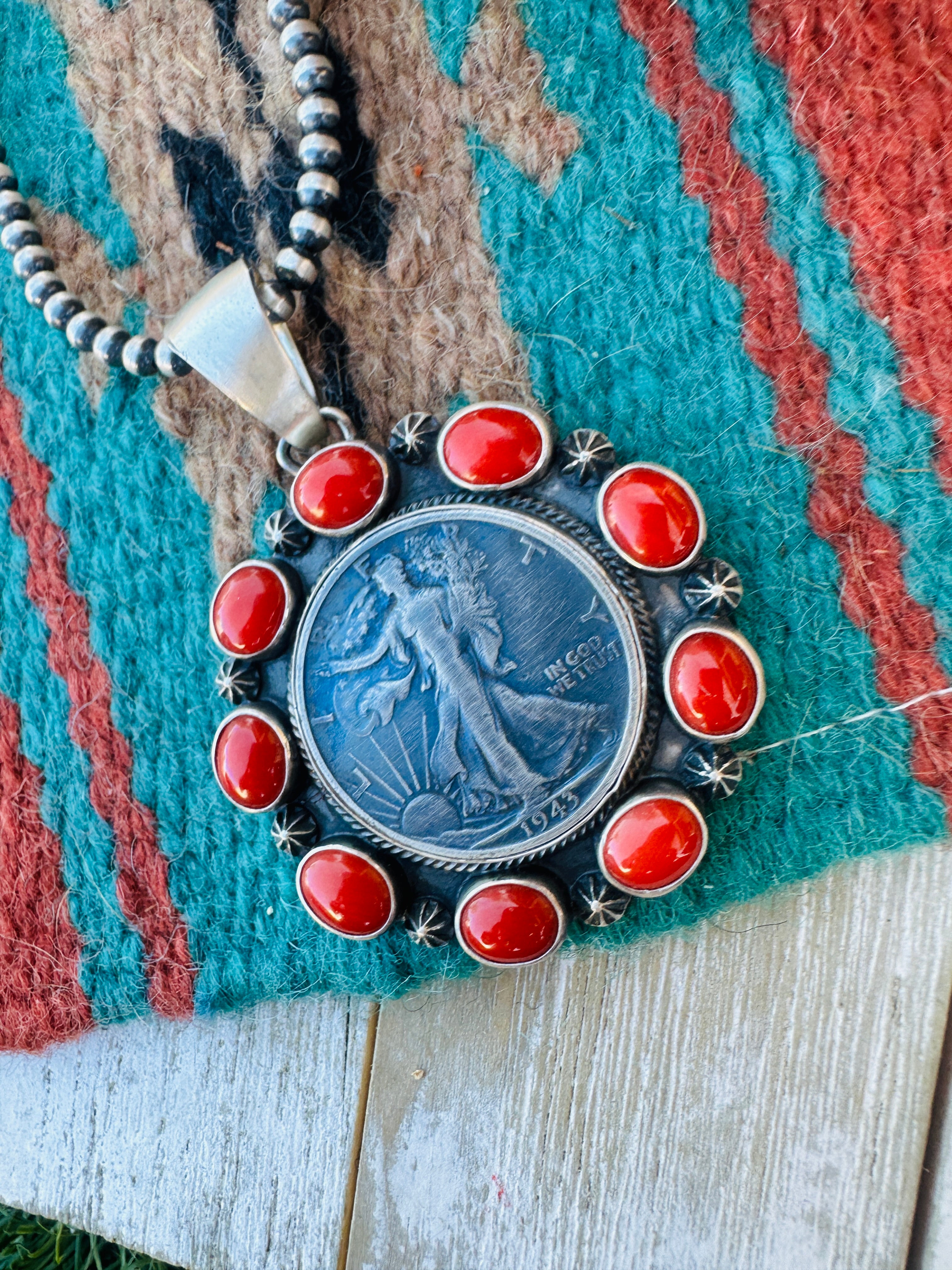Handcrafted Sterling Silver and Coral Liberty Coin Pendant by Darrin Livingston