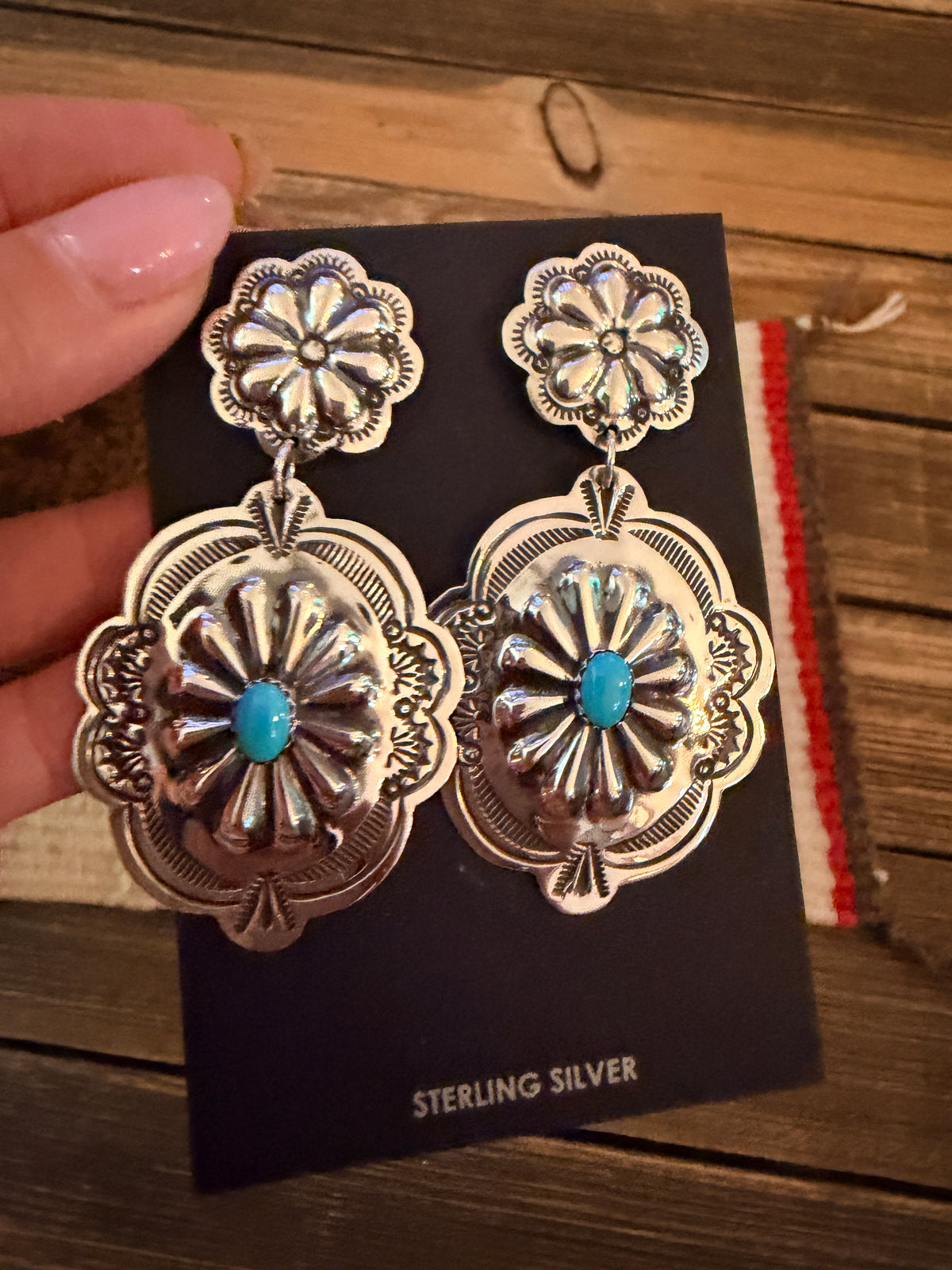 Handcrafted Turquoise & Sterling Silver Concho Dangle Earrings by Genevieve Blackgoat
