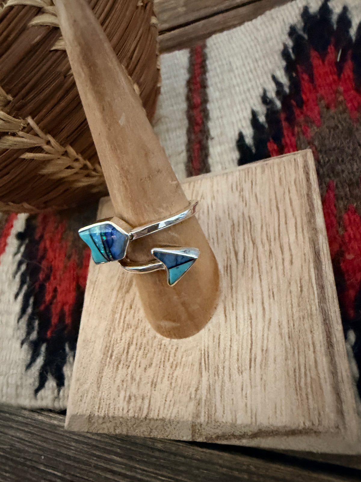 Handcrafted Sterling Silver, Opal & Turquoise Inlay Adjustable Arrow Ring