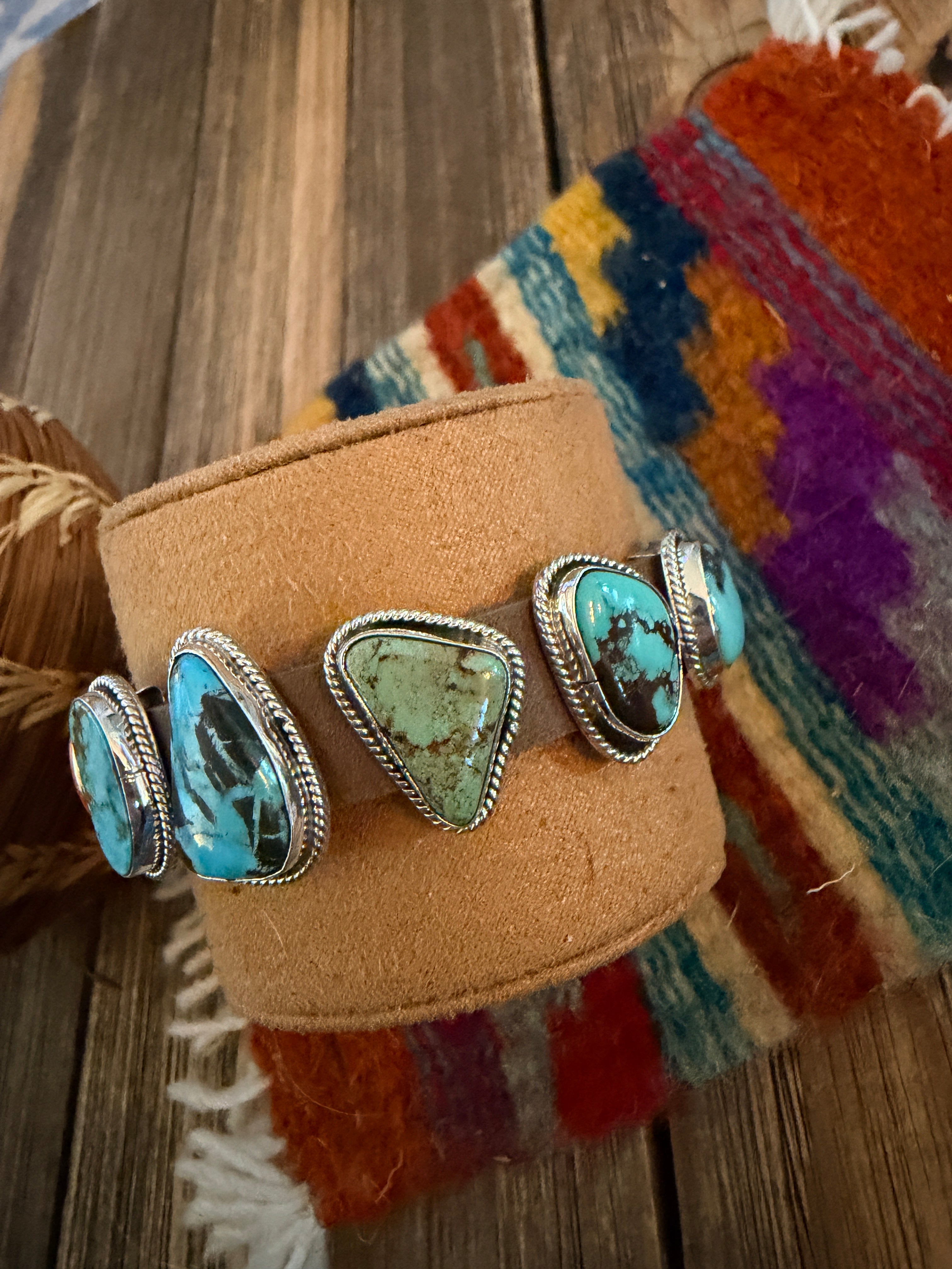 Handcrafted Multi Turquoise, Spiny & Sterling Silver Leather Bracelet