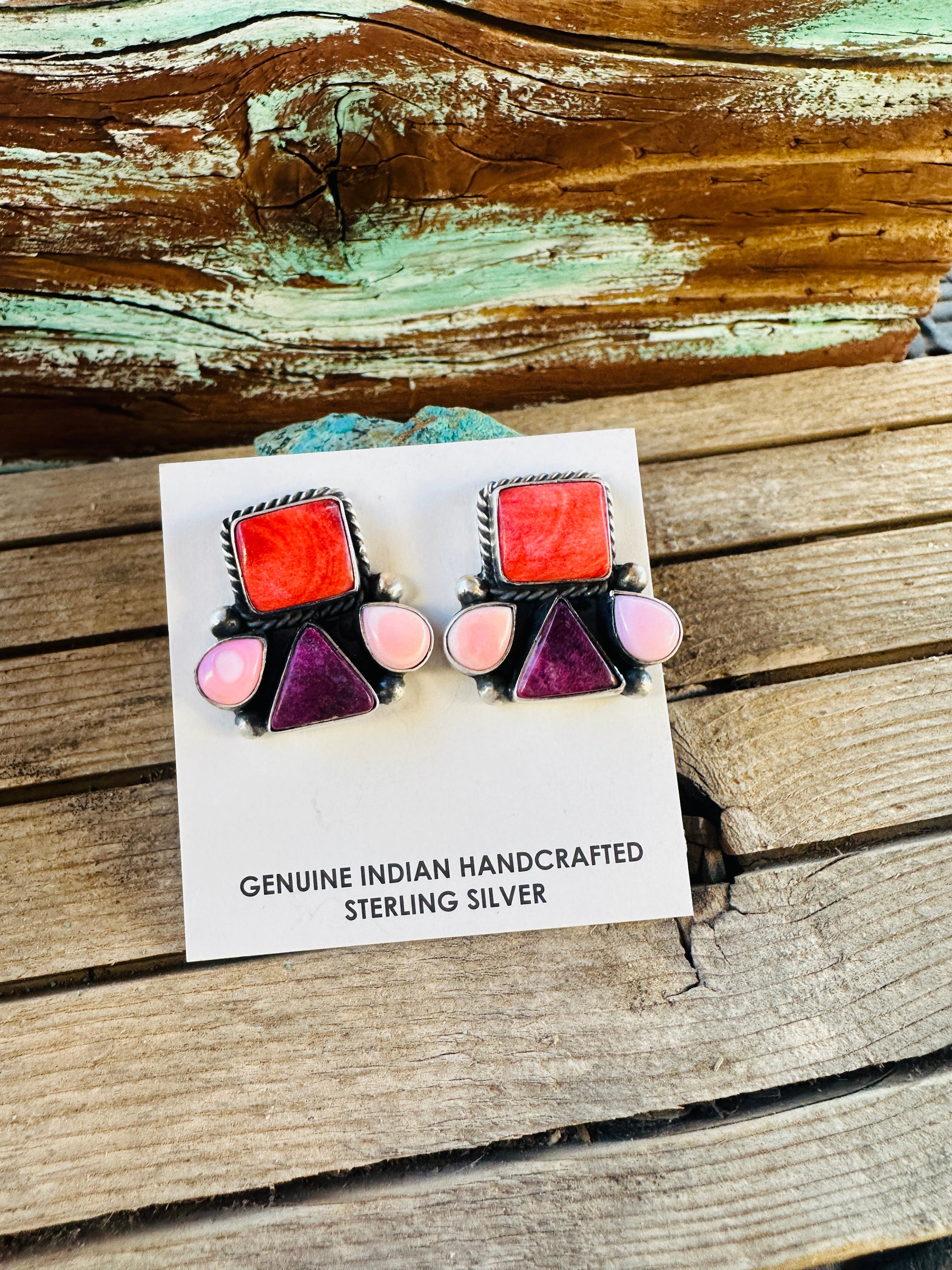 Handcrafted Spiny Oyster, Queen Pink Conch & Sterling Silver Post Earrings by Hiram Largo