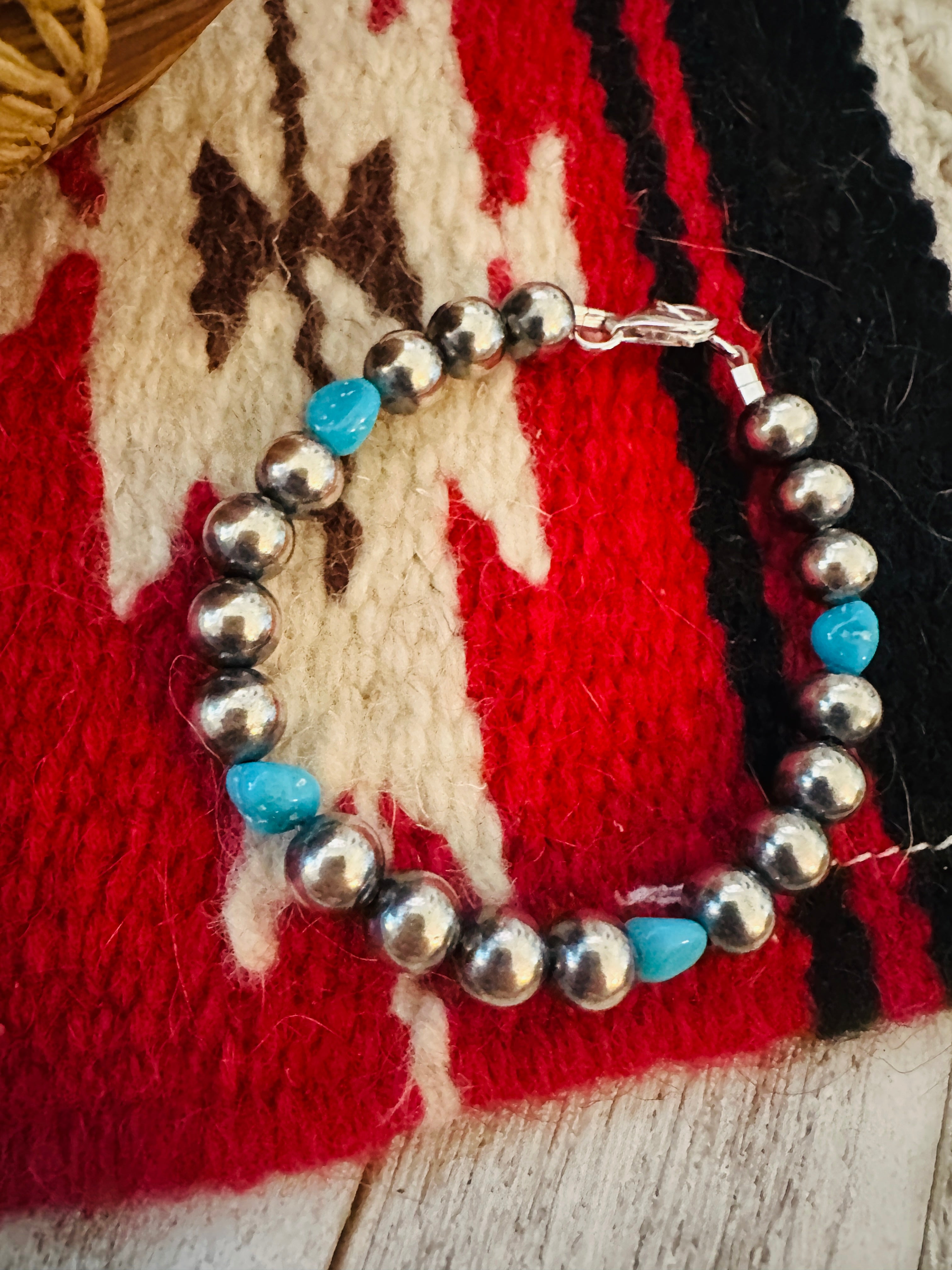 Handcrafted Turquoise & Sterling Silver Pearl Beaded Bracelet