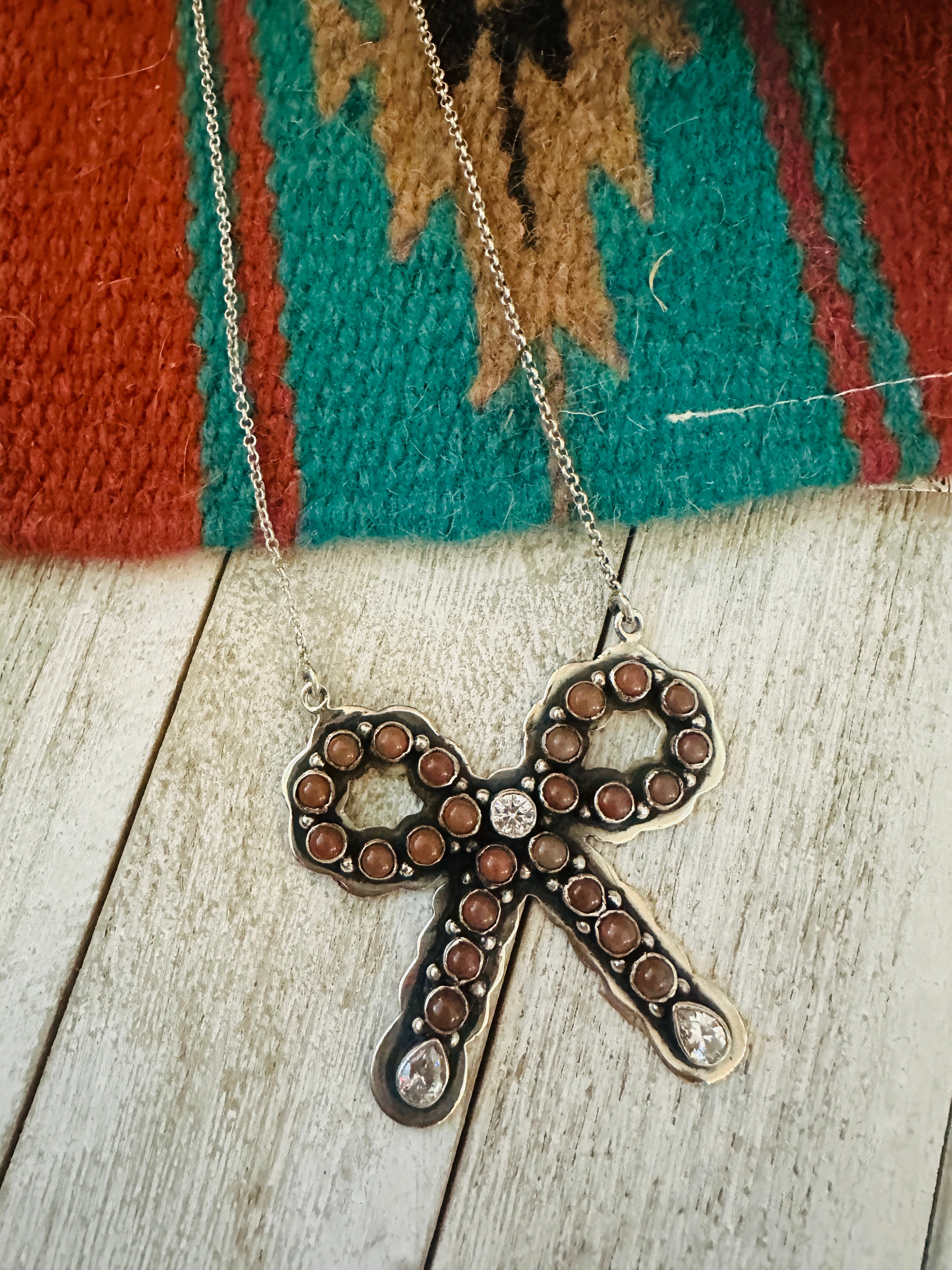 ** Christmas Collection ** Handmade Sterling Silver, Mother of Pearl & CZ Bow Necklace Signed Nizhoni