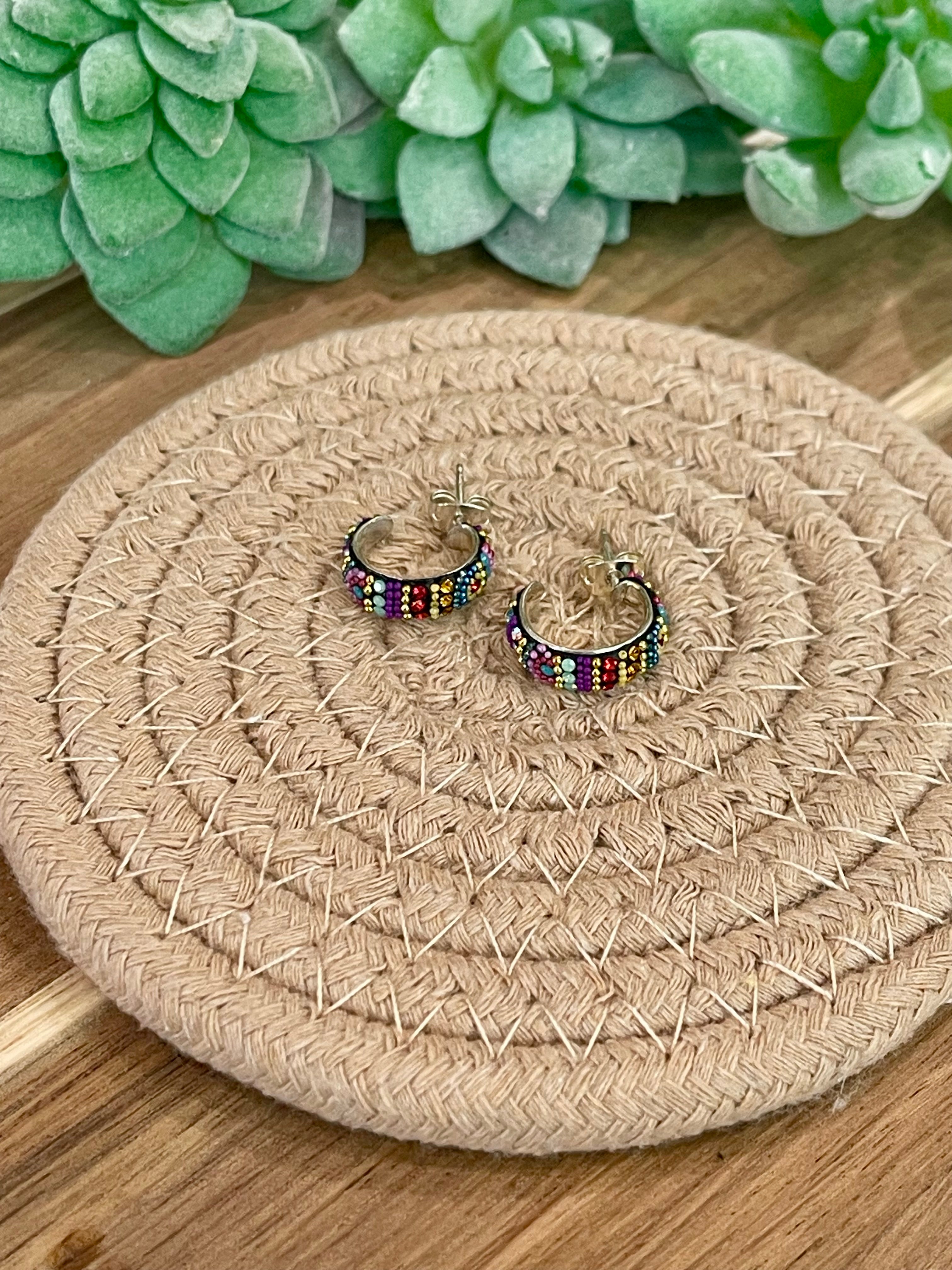 Handmade In Mexico Sterling Silver , Multi Color Swarovski Crsytal Hoop Earrings