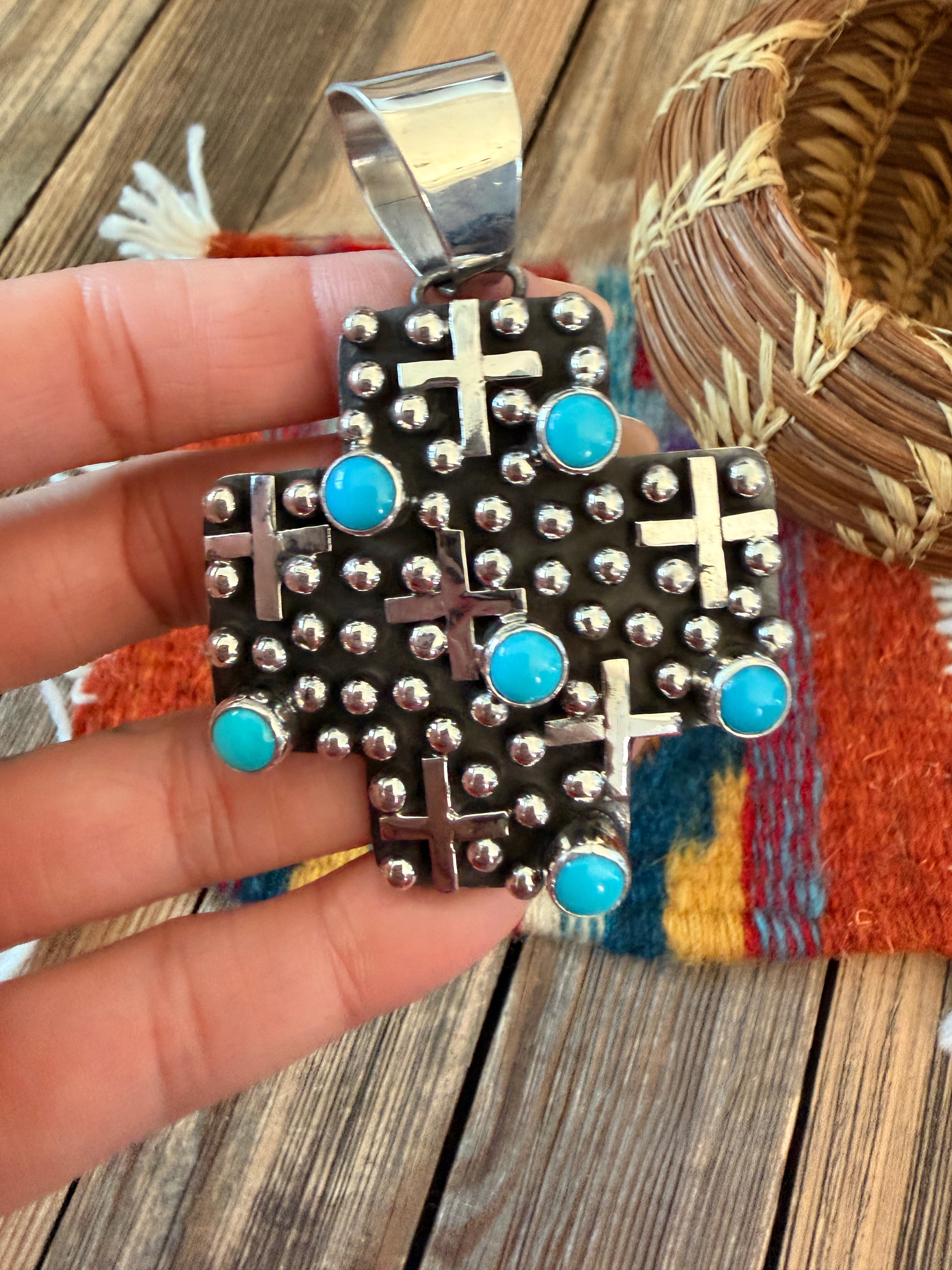 Handcrafted Turquoise & Sterling Silver Cross Pendant by Geneva Apachito