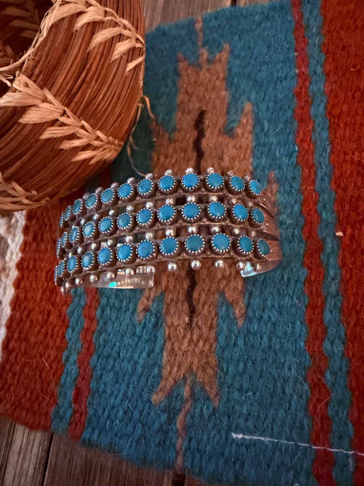 Handcrafted Old Pawn Sterling Silver & Turquoise Petit Point Cuff Bracelet