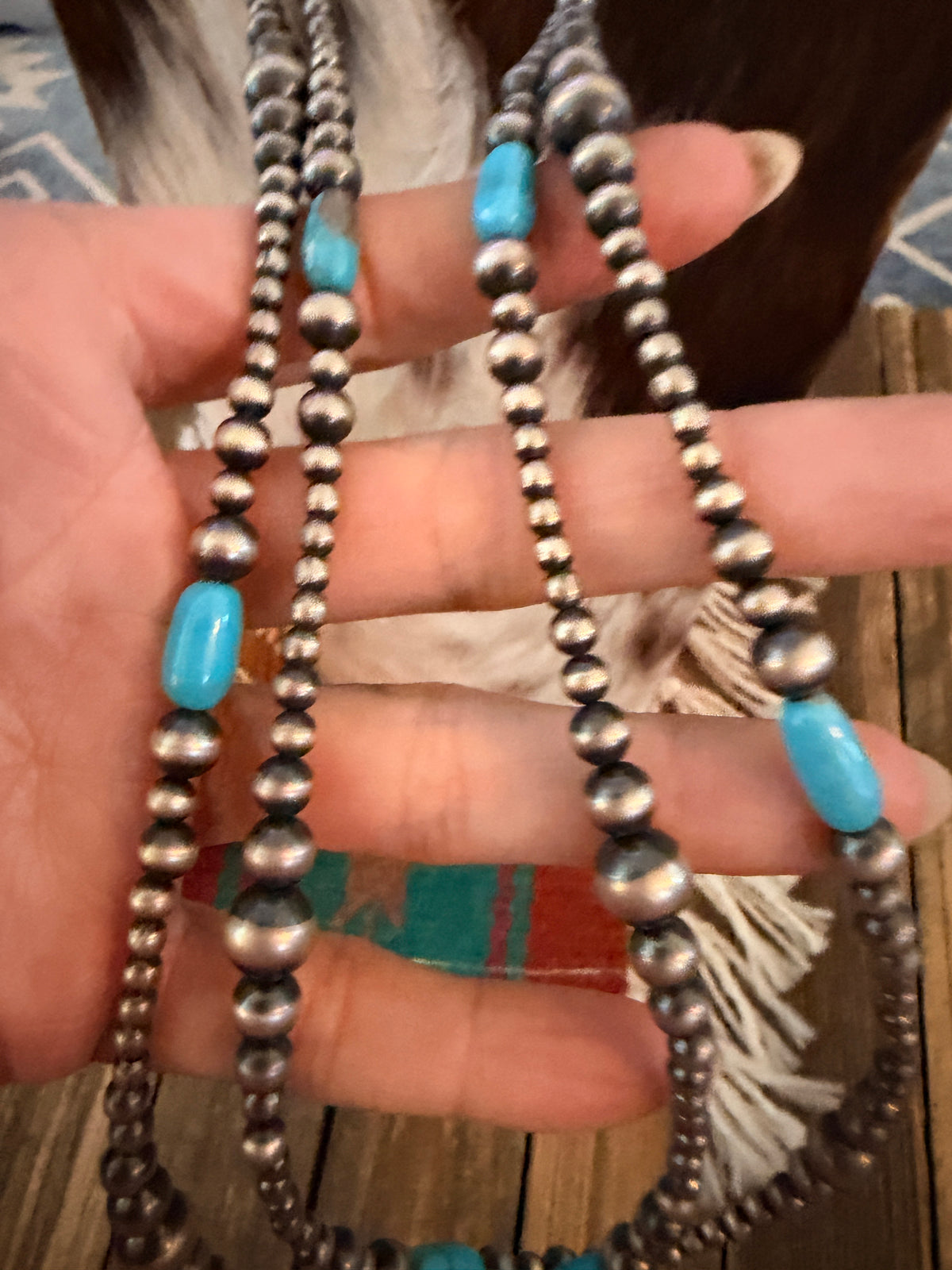Handcrafted Turquoise & Sterling Silver Pearl Beaded 72” Necklace