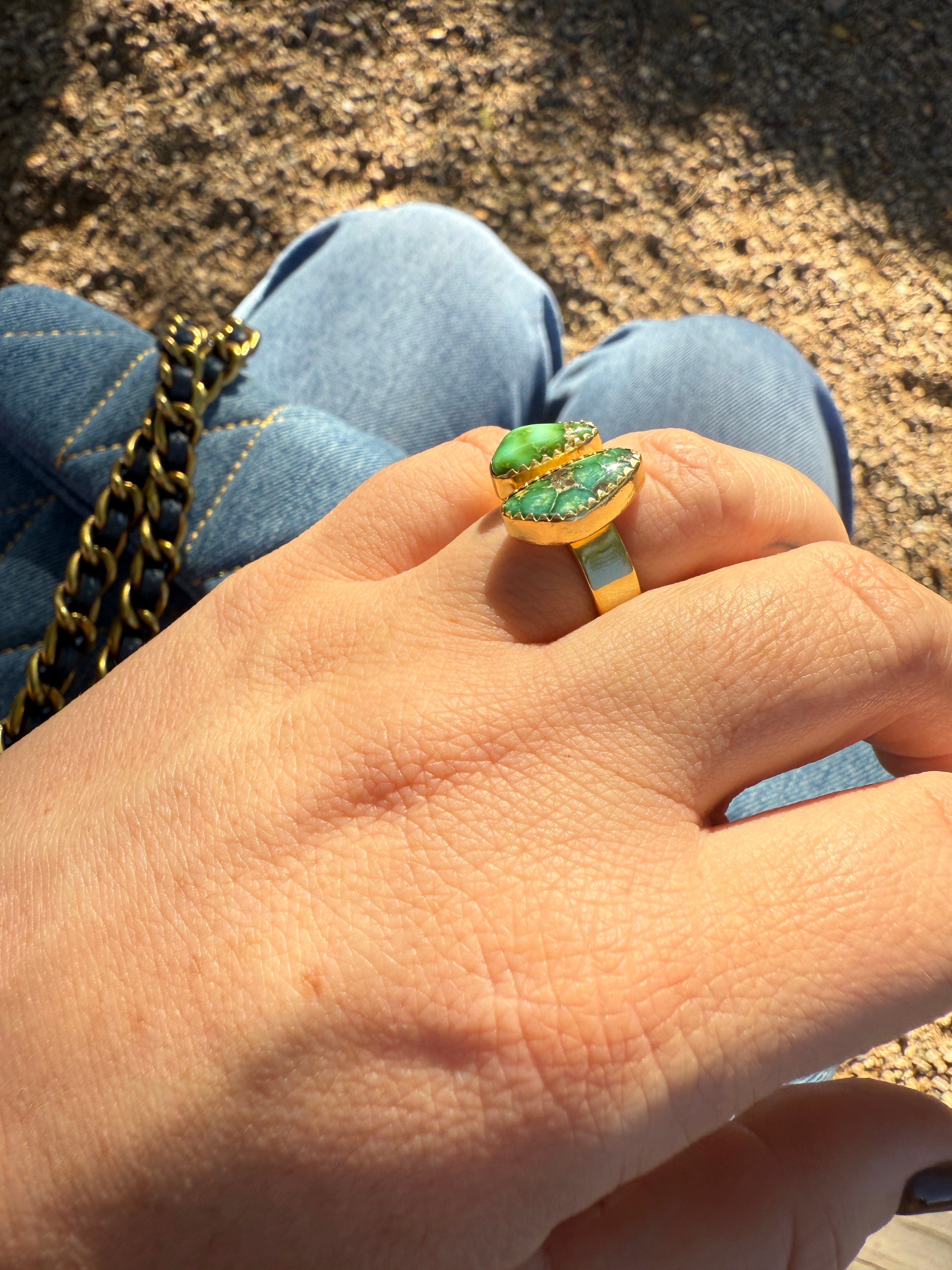 “The Golden Collection” Natural Sonoran Mountain Turquoise Adjustable Ring Gold Plated Sterling Silver