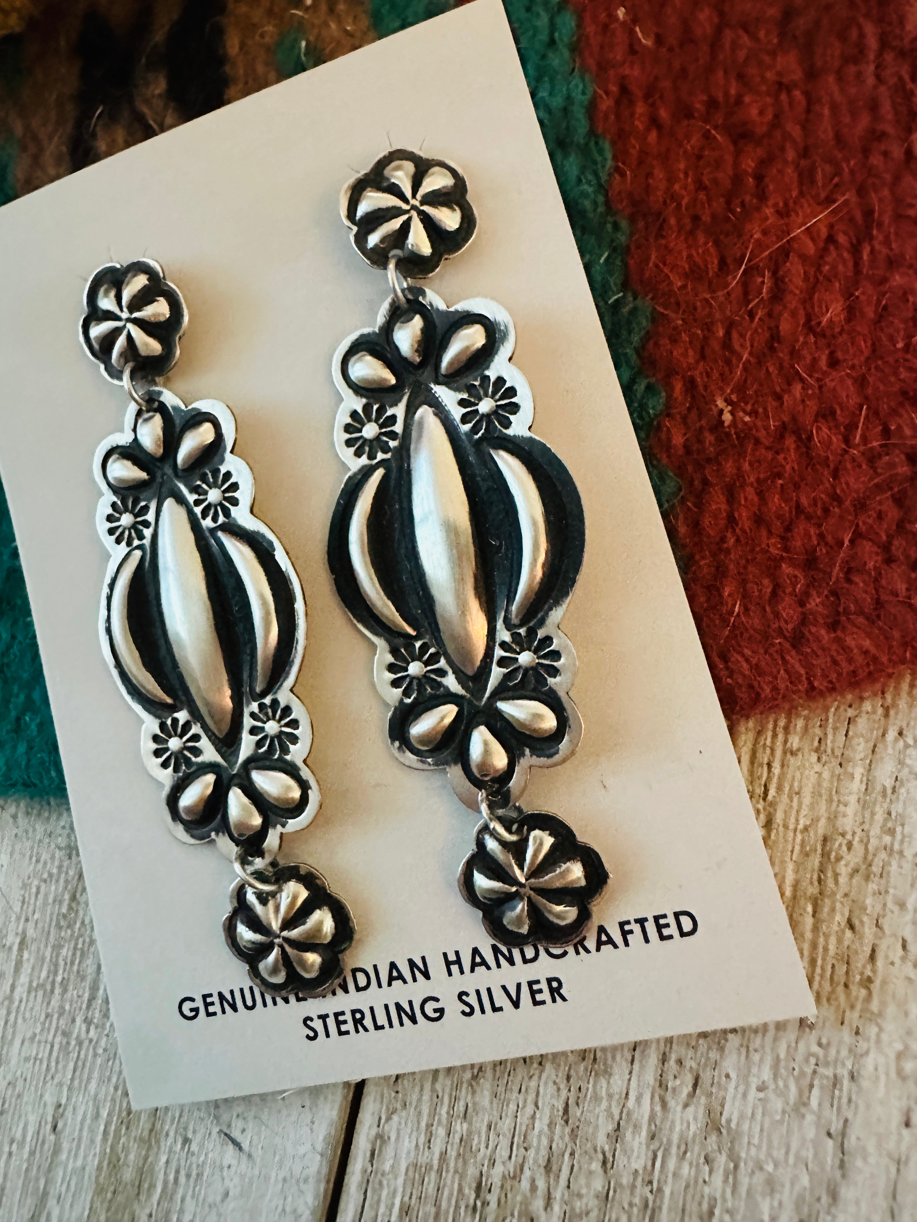 Navajo Hand Stamped Sterling Silver Concho Dangle Earrings by Leander Tahe