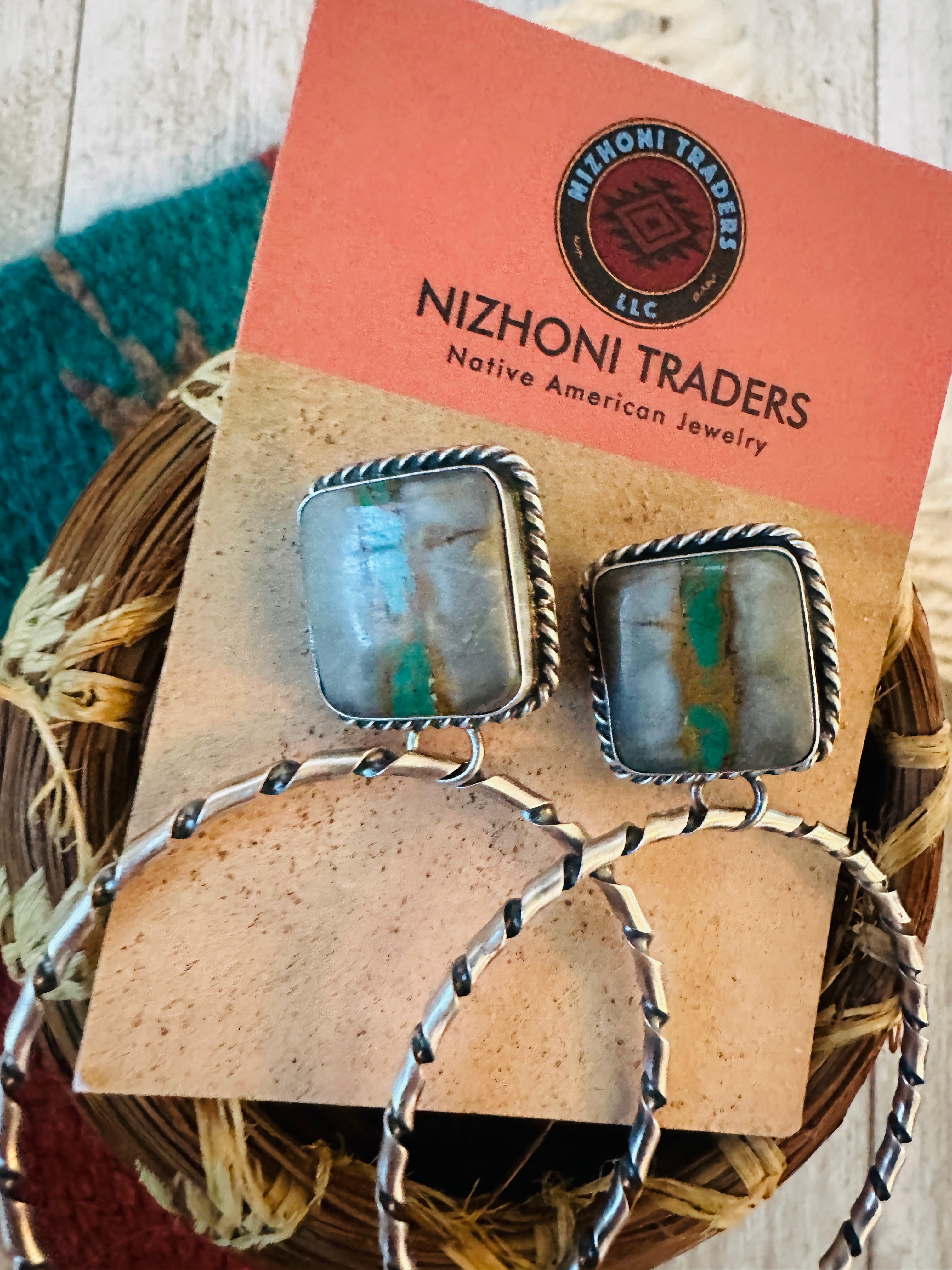 Navajo Ribbon Turquoise and Sterling Silver Dangle Hoop Earrings