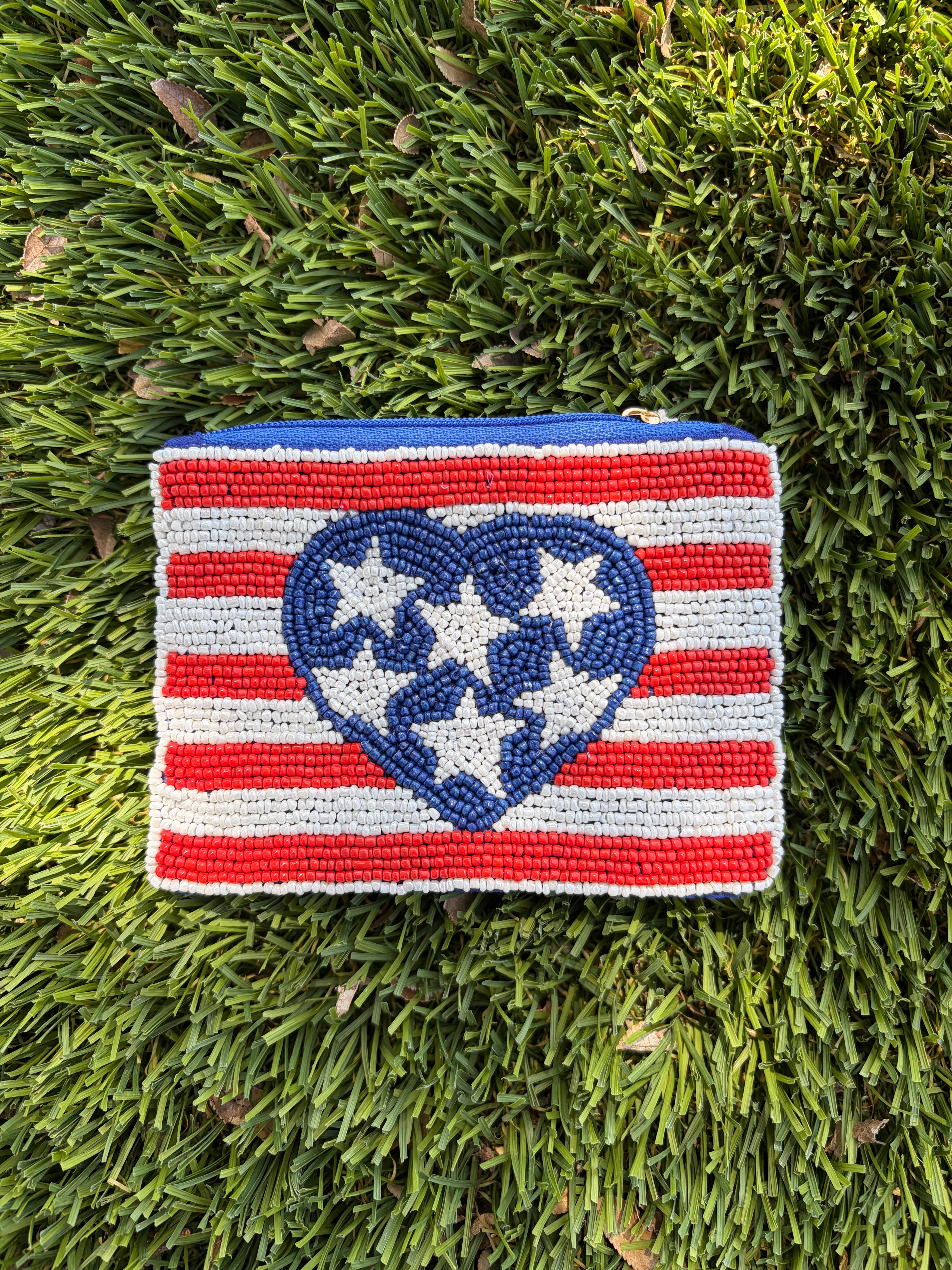 Handmade Beaded American Flag Heart Coin Purse