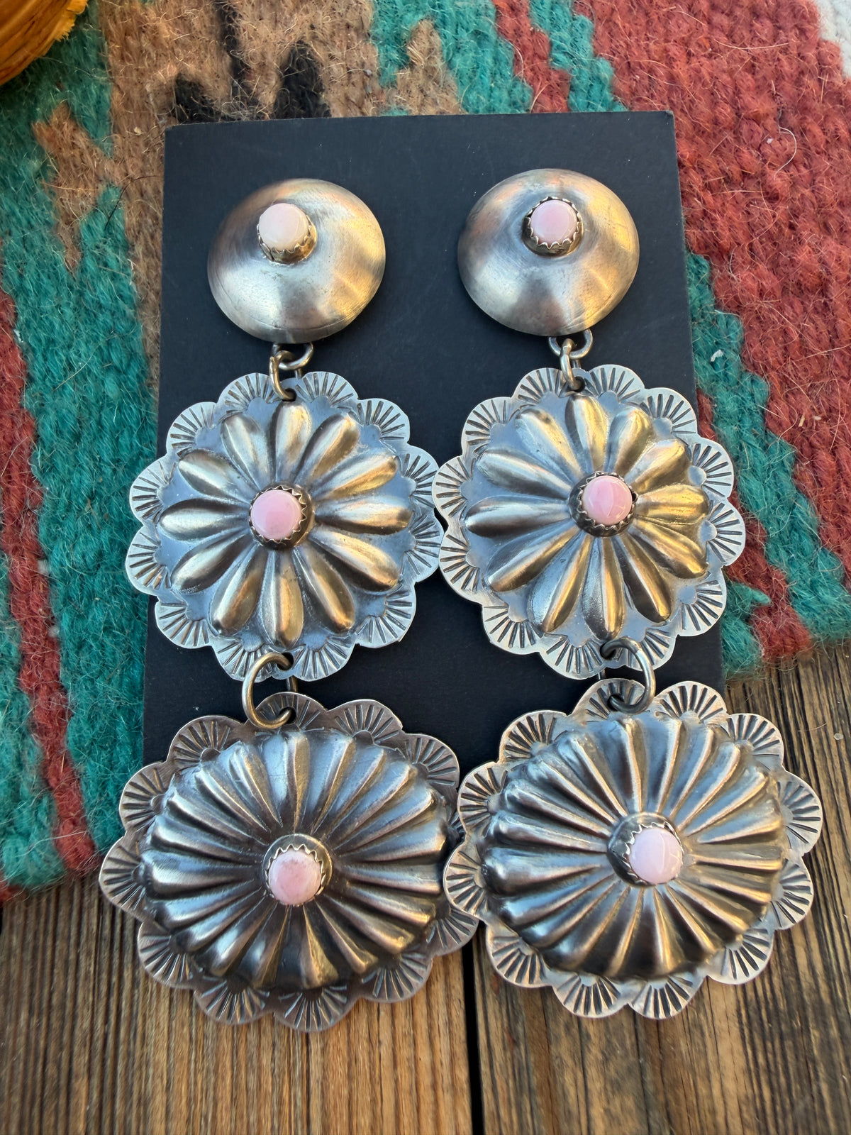 Handcrafted Queen Pink Conch & Sterling Silver Concho Dangle Earrings