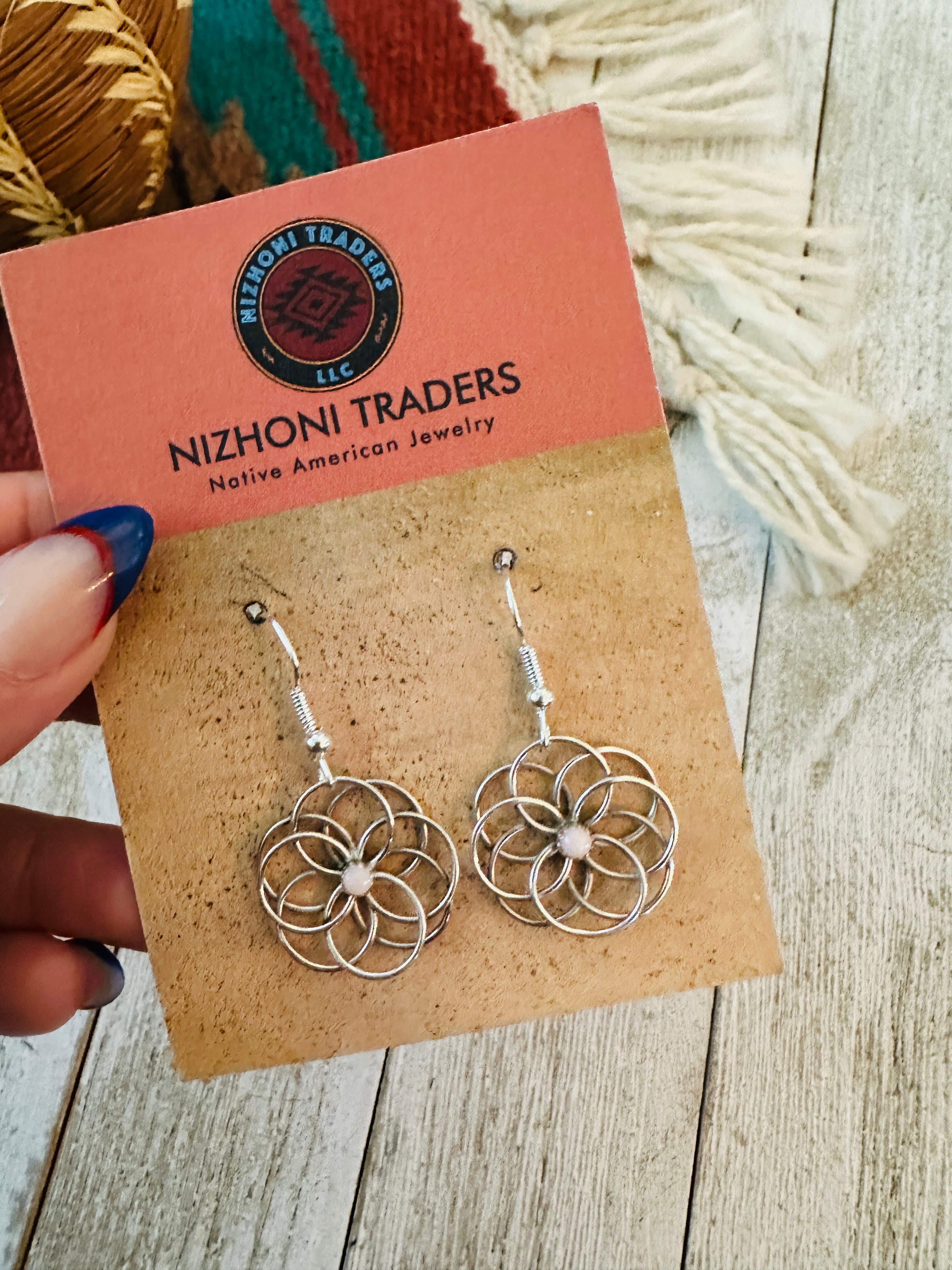 Handcrafted Queen Pink Conch & Sterling Silver Flower Dangle Earrings