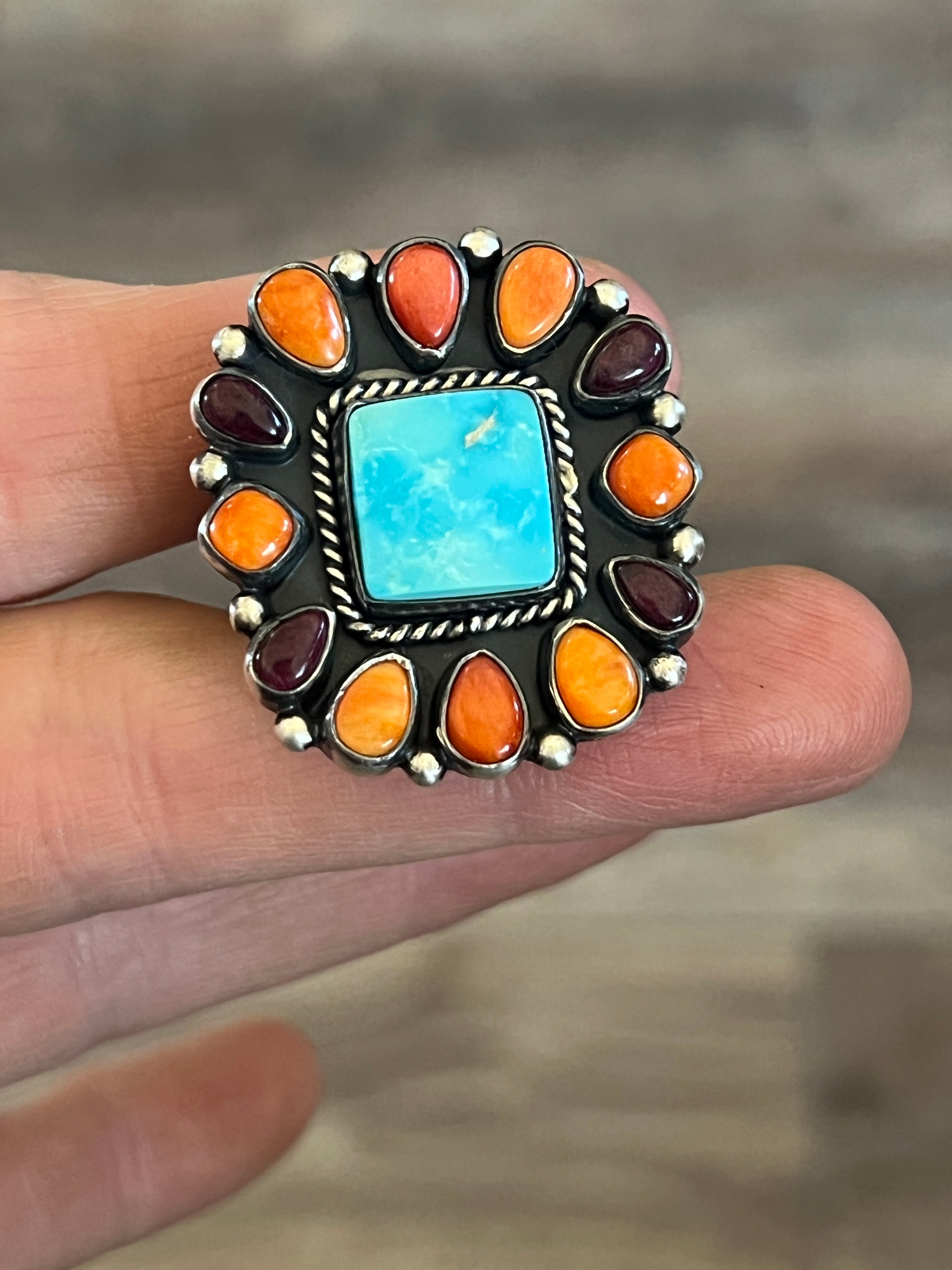 Navajo Electric Rainbow Turquoise and Spiny Oyster Ring by Angela Martin and Bernyse Chavez, Size 9