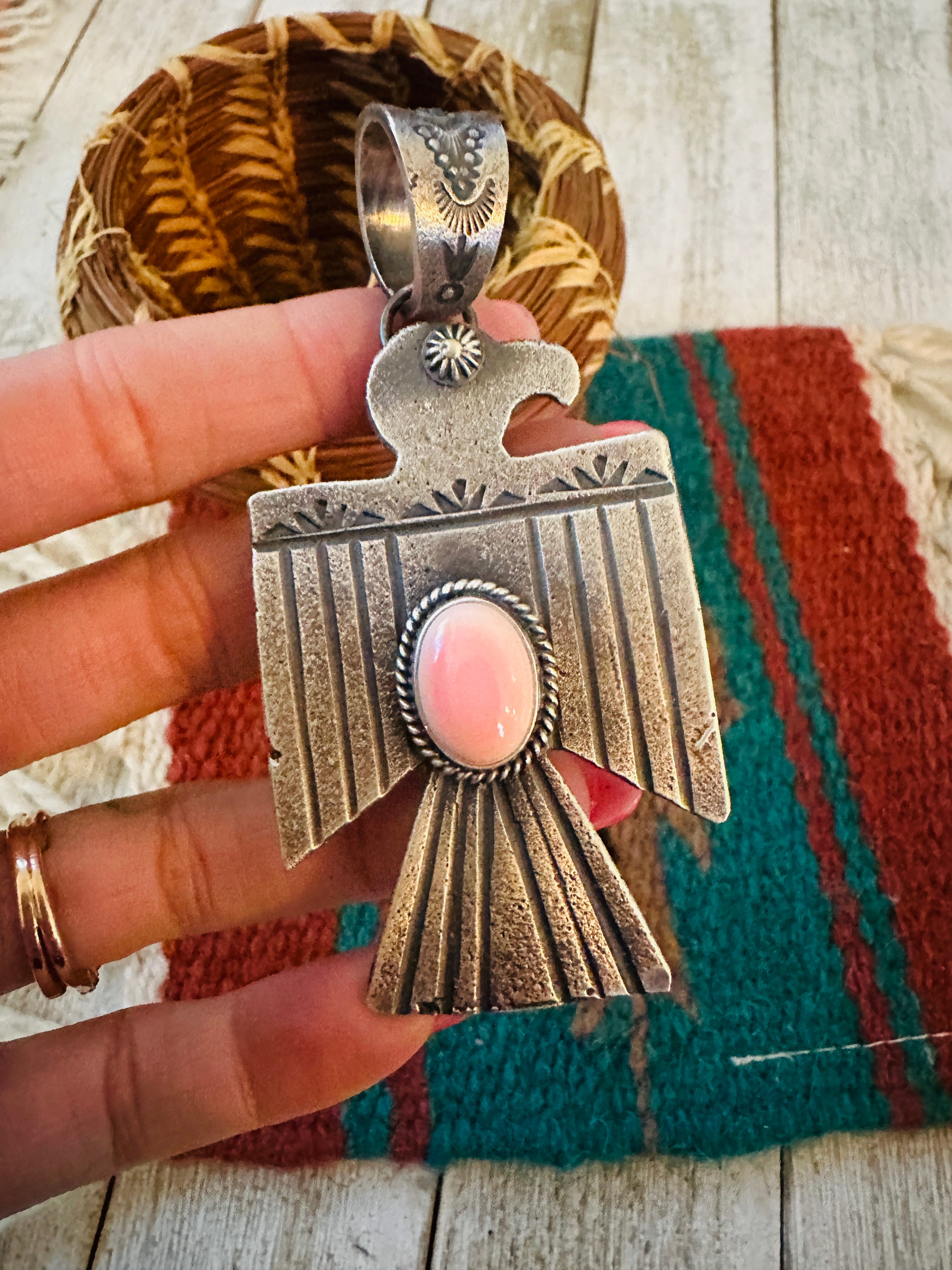 Handcrafted Sterling Silver & Queen Pink Conch Thunderbird Pendant by Kevin Billah
