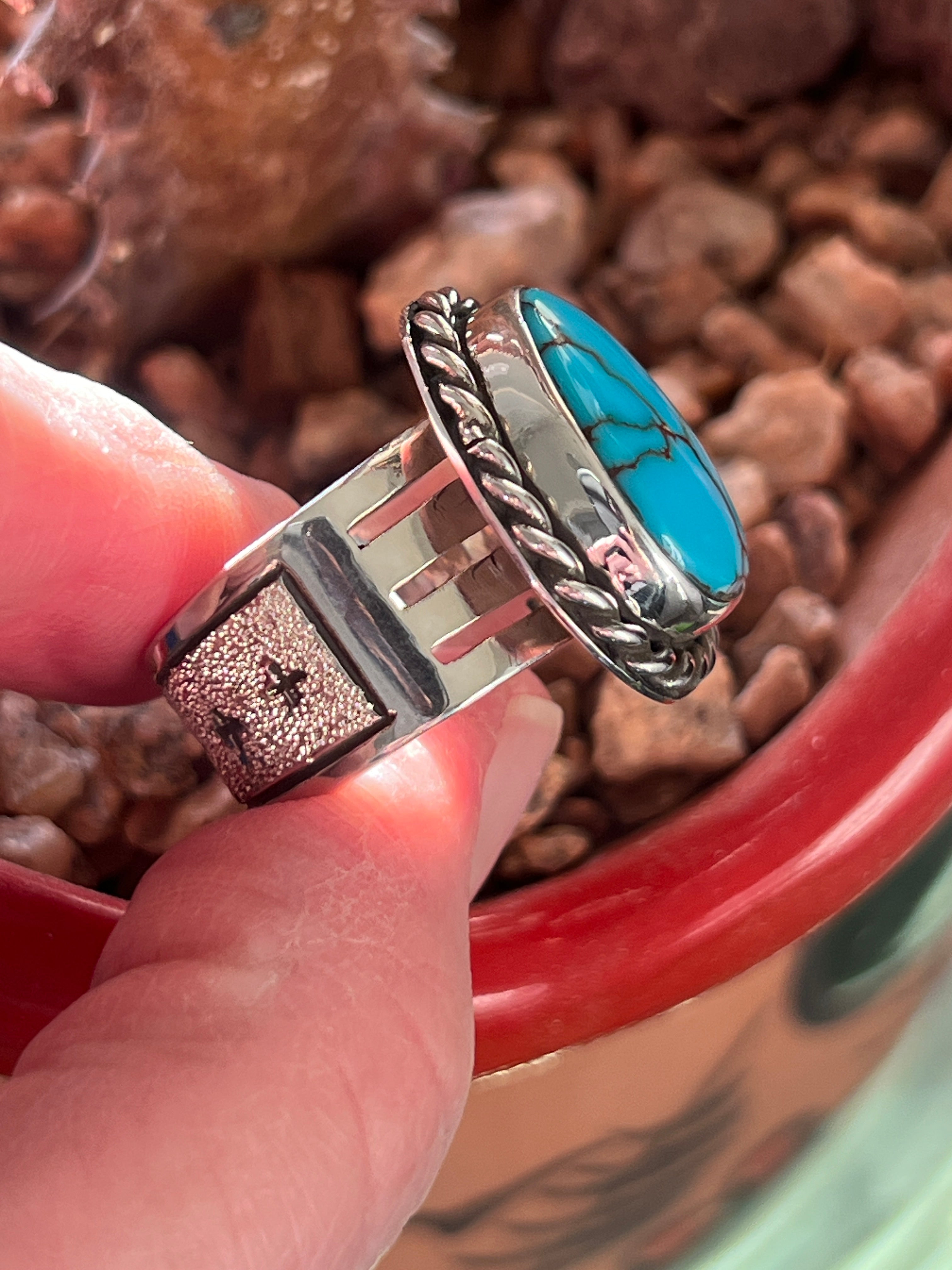 Handcrafted Sterling Silver and Egyptian Turquoise Single Stone Ring by Shaun Rogers, Size 9.5