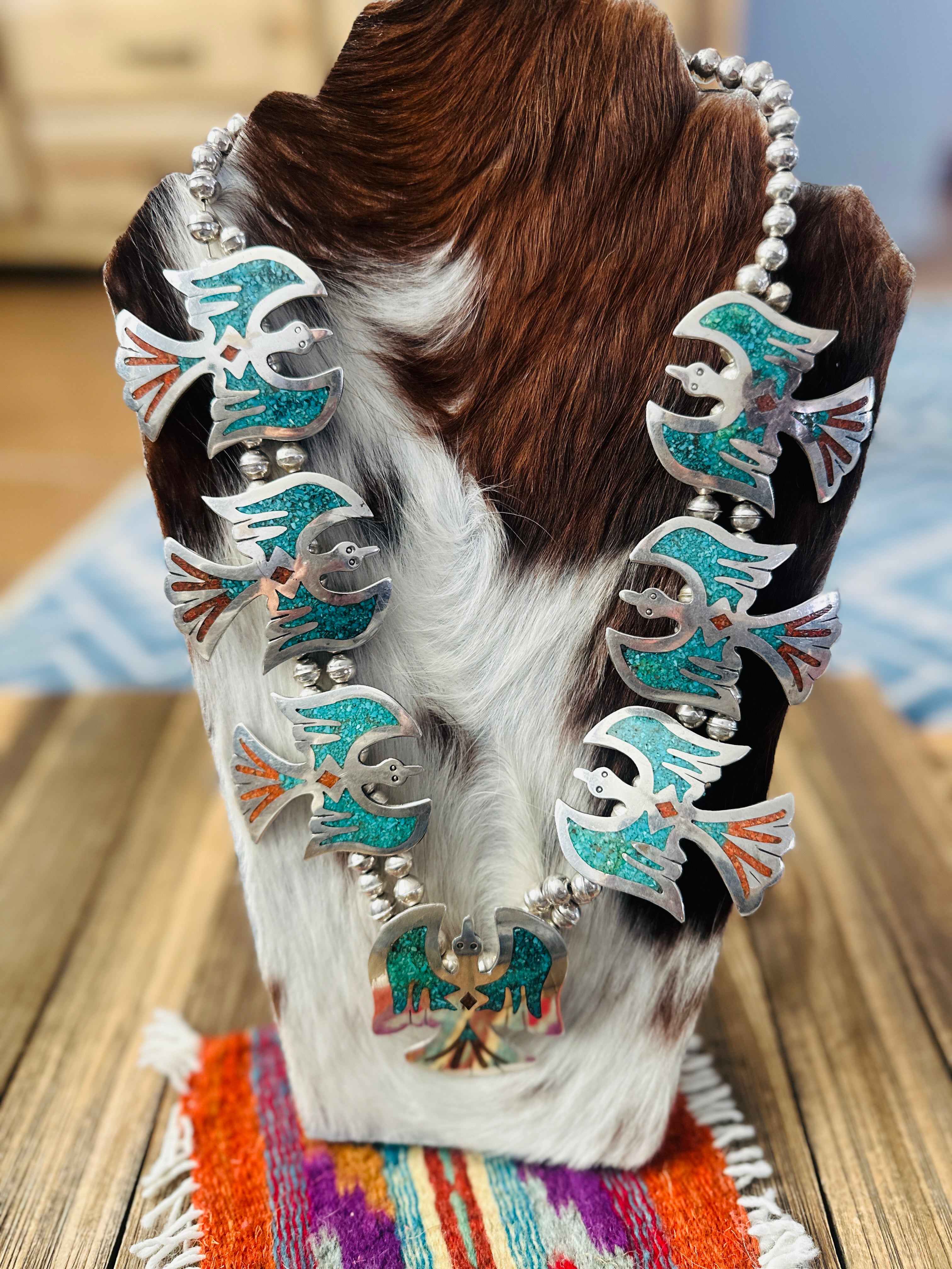 Old Pawn Handcrafted Turquoise, Coral & Sterling Silver Beaded Waterbird Necklace