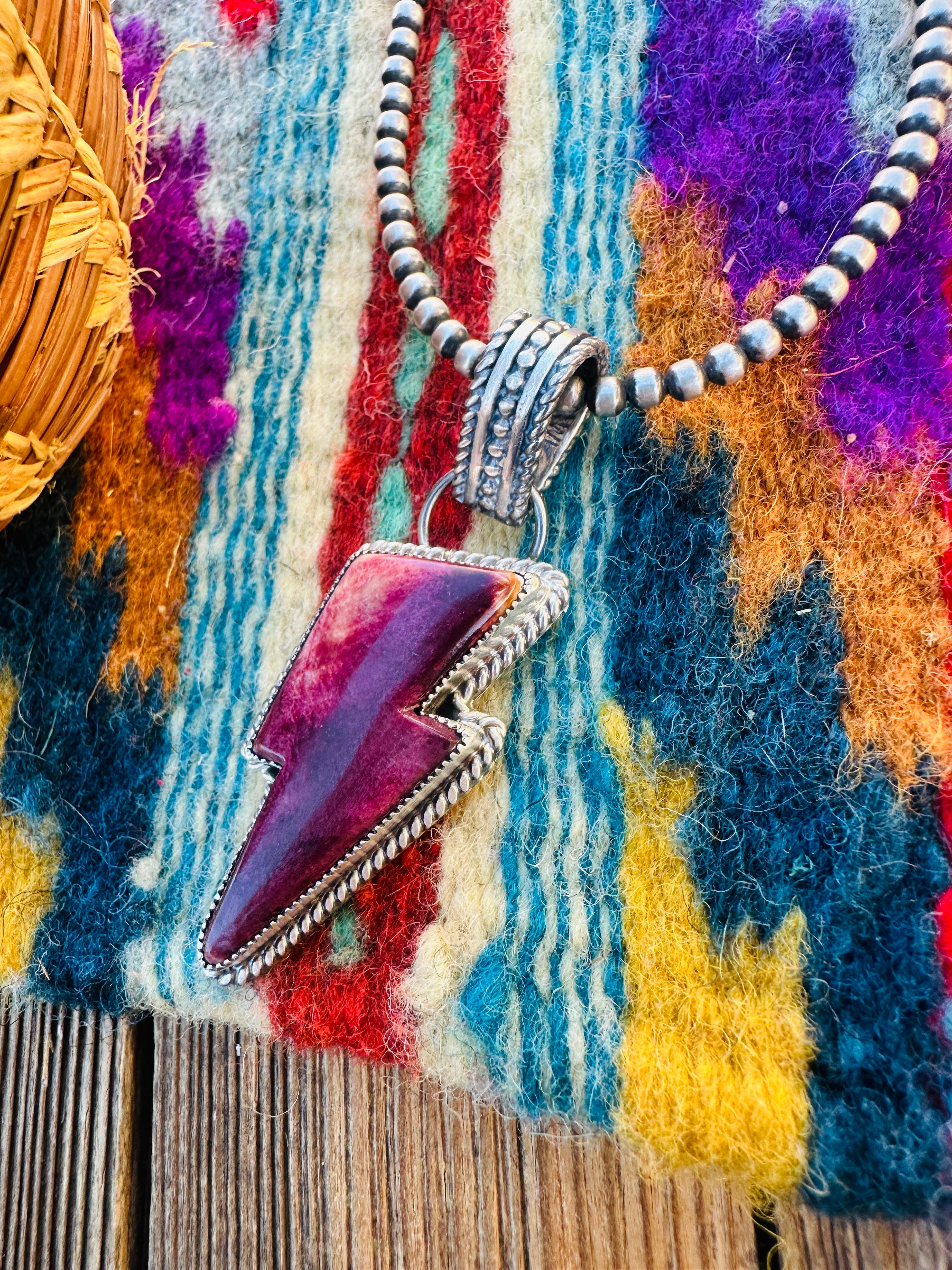 Handcrafted Spiny Oyster & Sterling Silver Lightning Bolt Pendant by Tatum Skeets