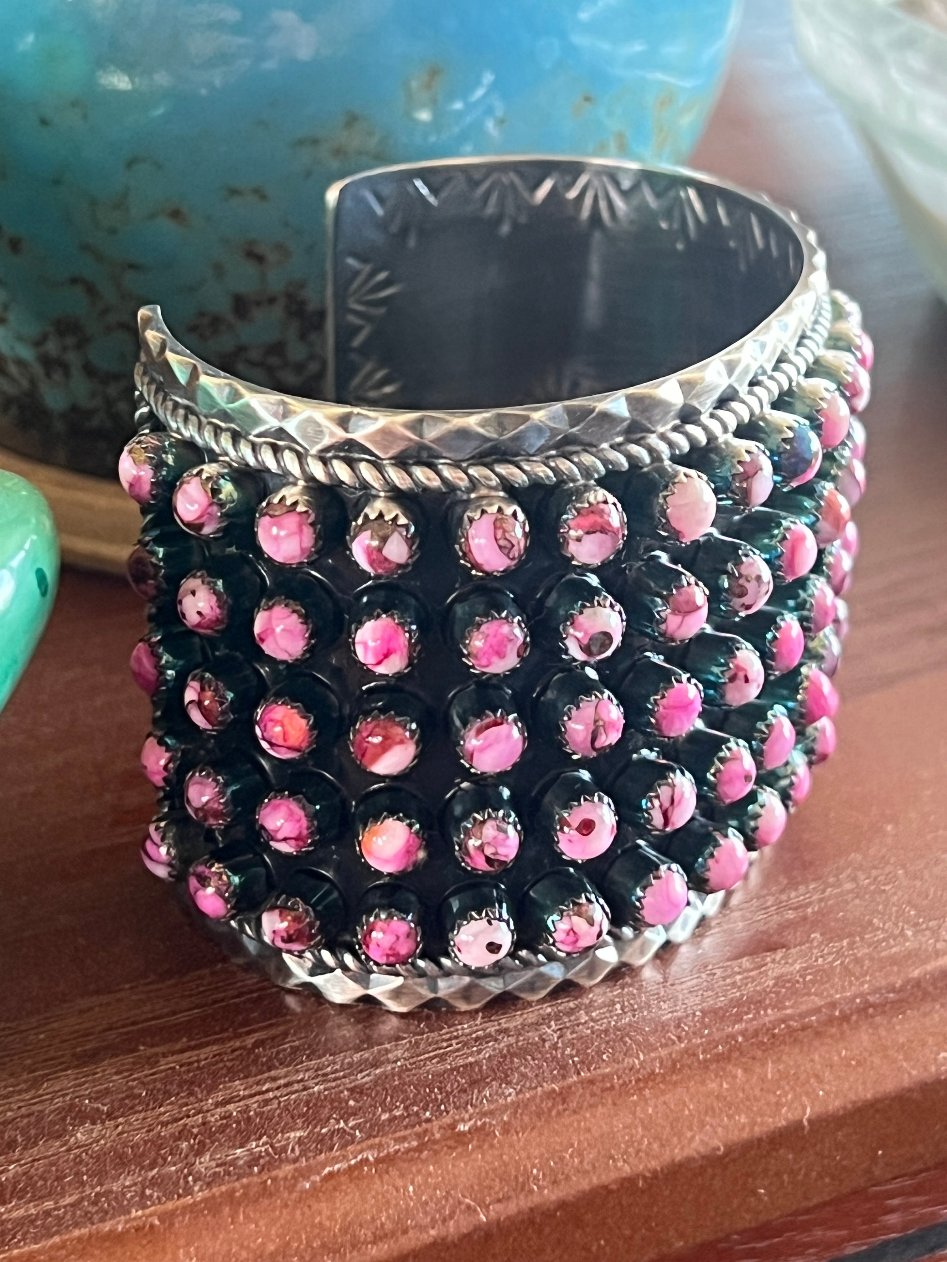 Handcrafted Sterling Silver and Pink Dream Mohave Snake Eye Style Five Row Cuff Bracelet, Signed BJ /